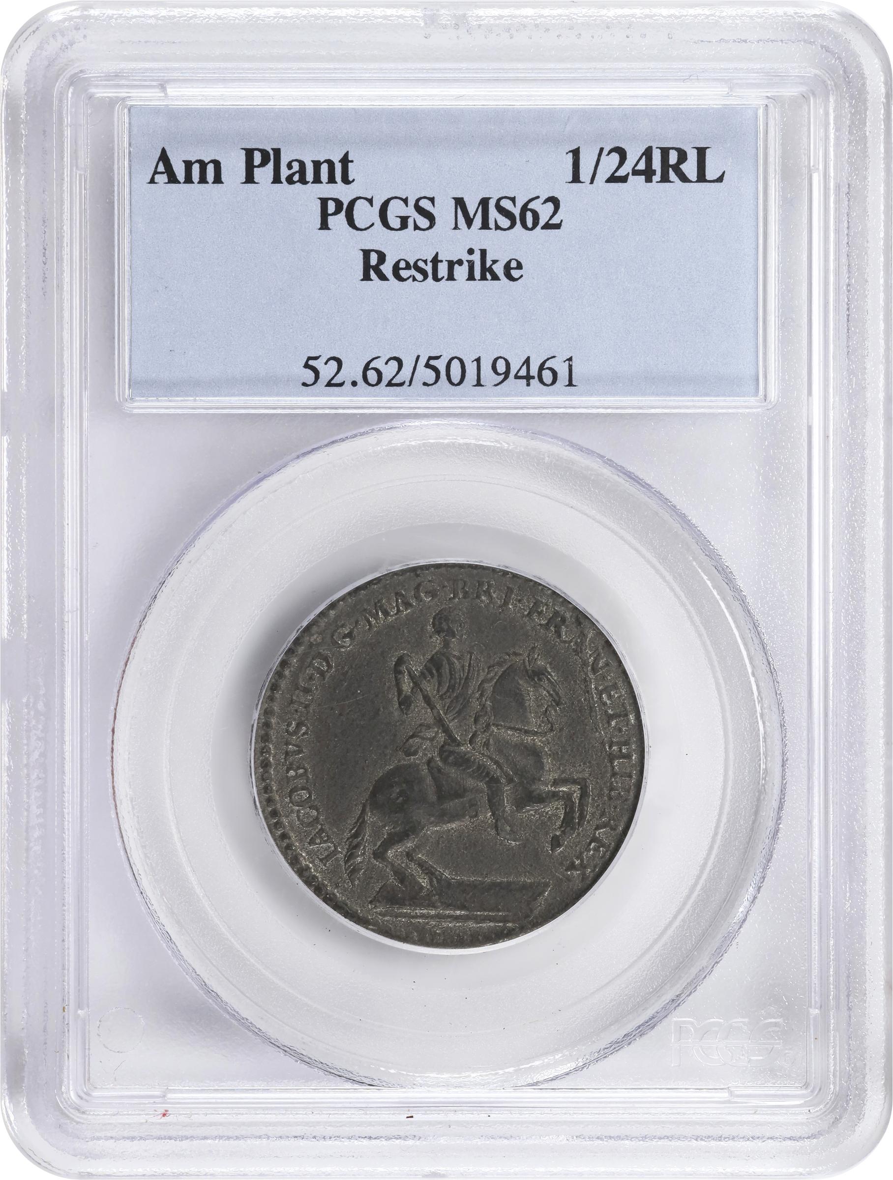image for: Undated (ca. 1828) American Plantations Token, or 1/24 Part Real. Restrike. Newman 5-D, W-1160. Rarity-4+. 11 Harp Strings. MS-62 (PCGS).