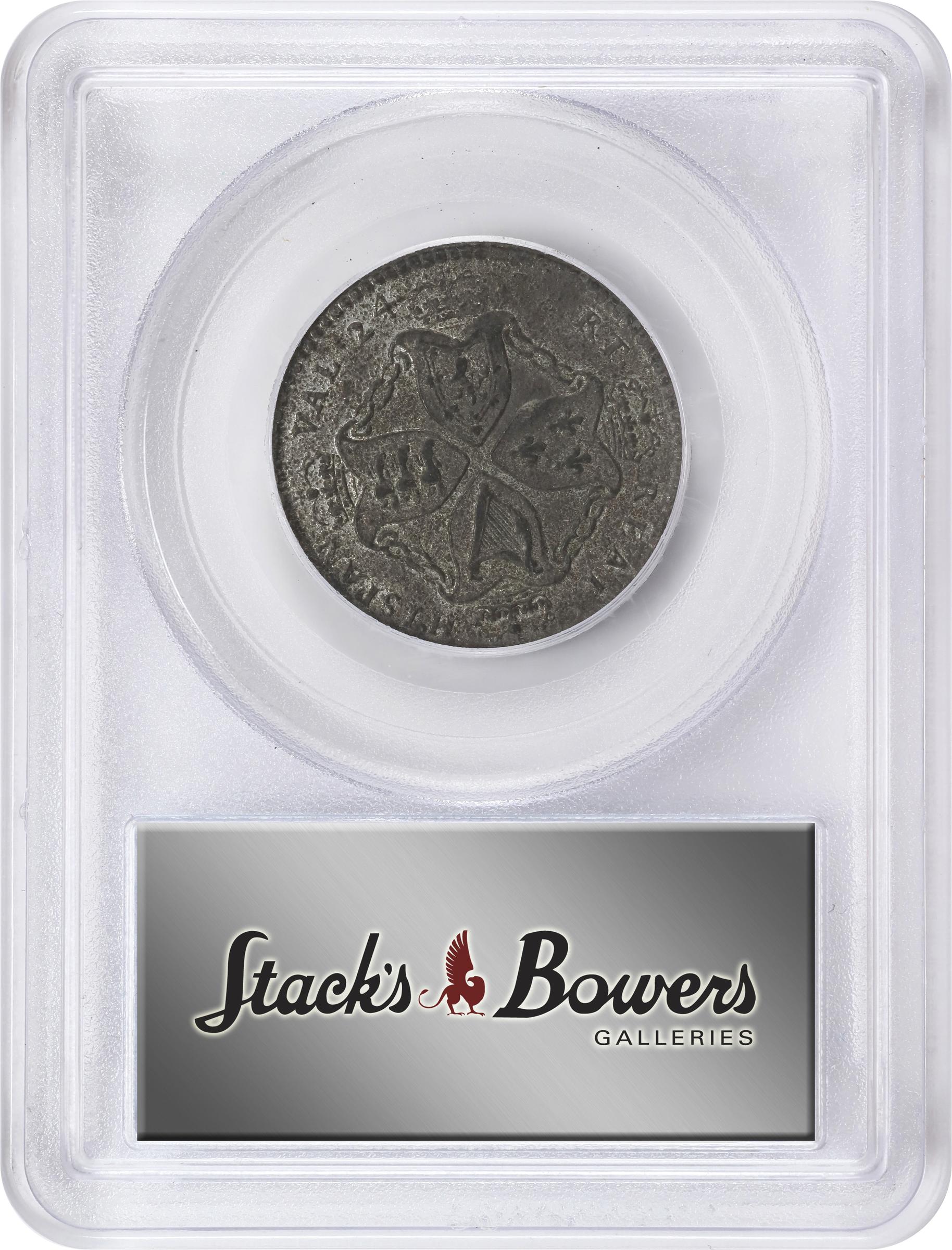 image for: Undated (ca. 1828) American Plantations Token, or 1/24 Part Real. Restrike. Newman 5-D, W-1160. Rarity-4+. 11 Harp Strings. MS-62 (PCGS).