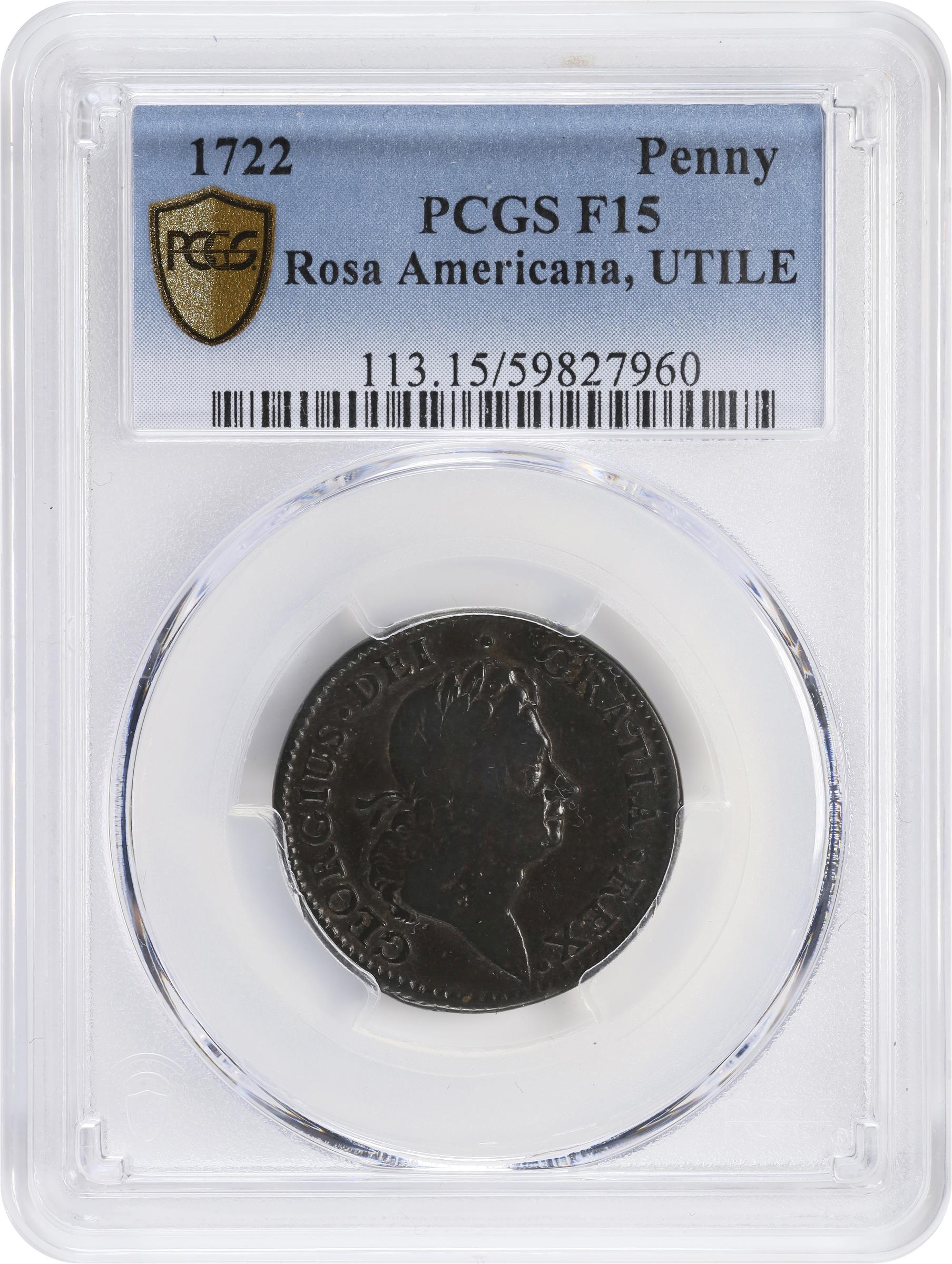 image for: 1722 Rosa Americana Penny. Martin 2.19-D.5, W-1269. Rarity-4. UTILE DULCI. Repunched Date. Fine-15 (PCGS).