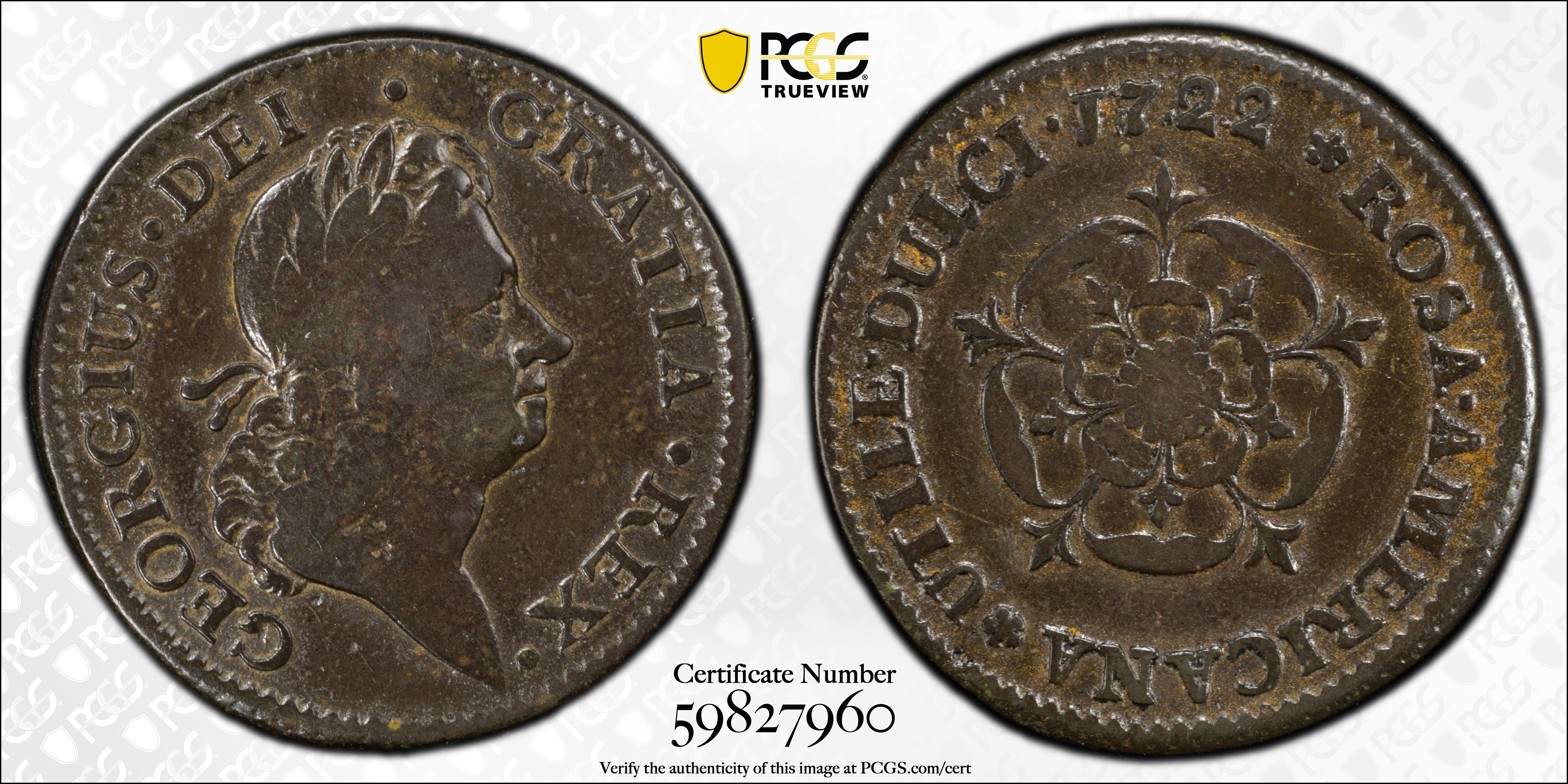 image for: 1722 Rosa Americana Penny. Martin 2.19-D.5, W-1269. Rarity-4. UTILE DULCI. Repunched Date. Fine-15 (PCGS).