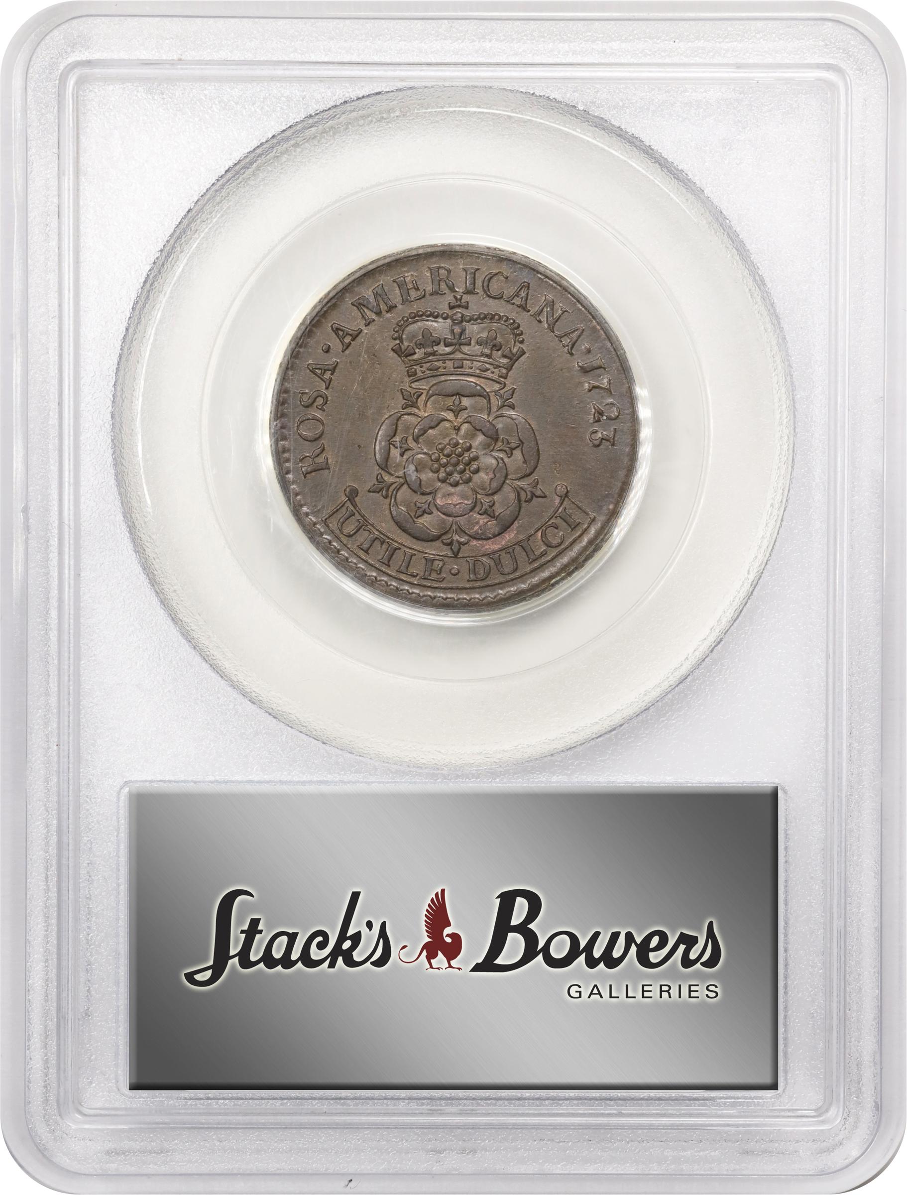 image for: 1723 Rosa Americana Penny. Martin 2.22-Eb.6, W-1278. Rarity-5. AU-58 (PCGS).