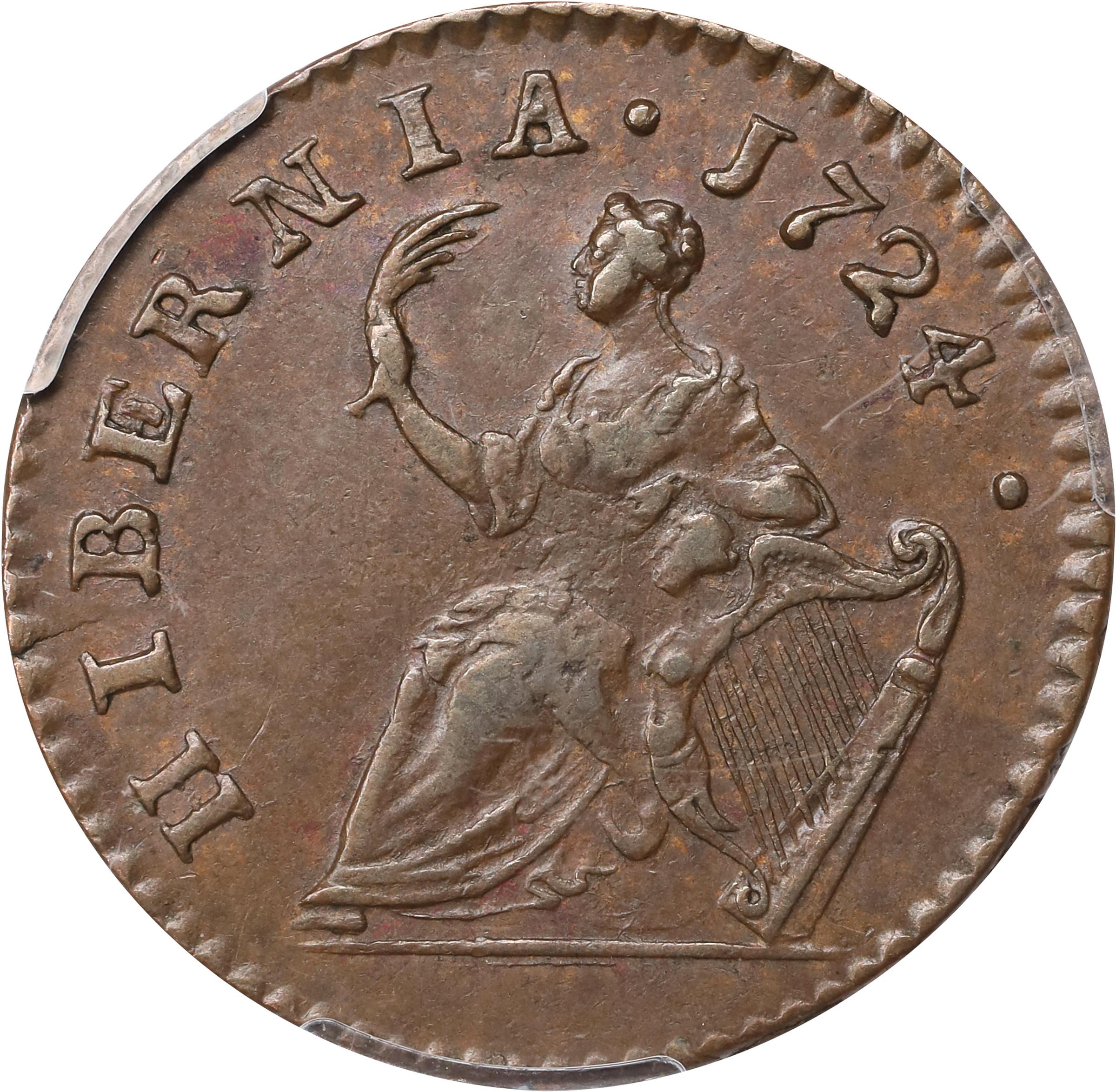 image for: 1724 Wood's Hibernia Farthing. Martin 3.9-D.1, W-12600. Rarity-4. AU-55 (PCGS).