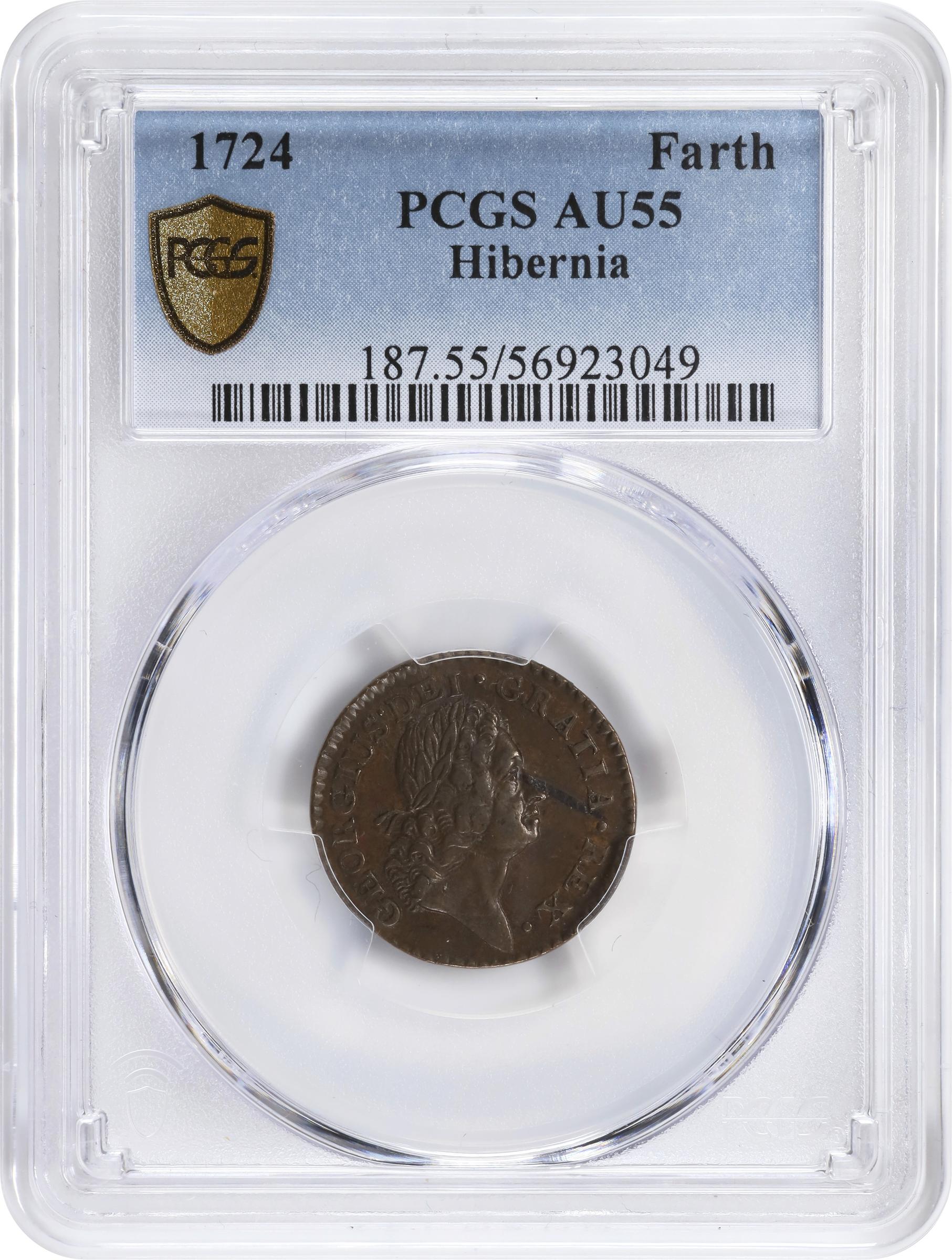 image for: 1724 Wood's Hibernia Farthing. Martin 3.9-D.1, W-12600. Rarity-4. AU-55 (PCGS).