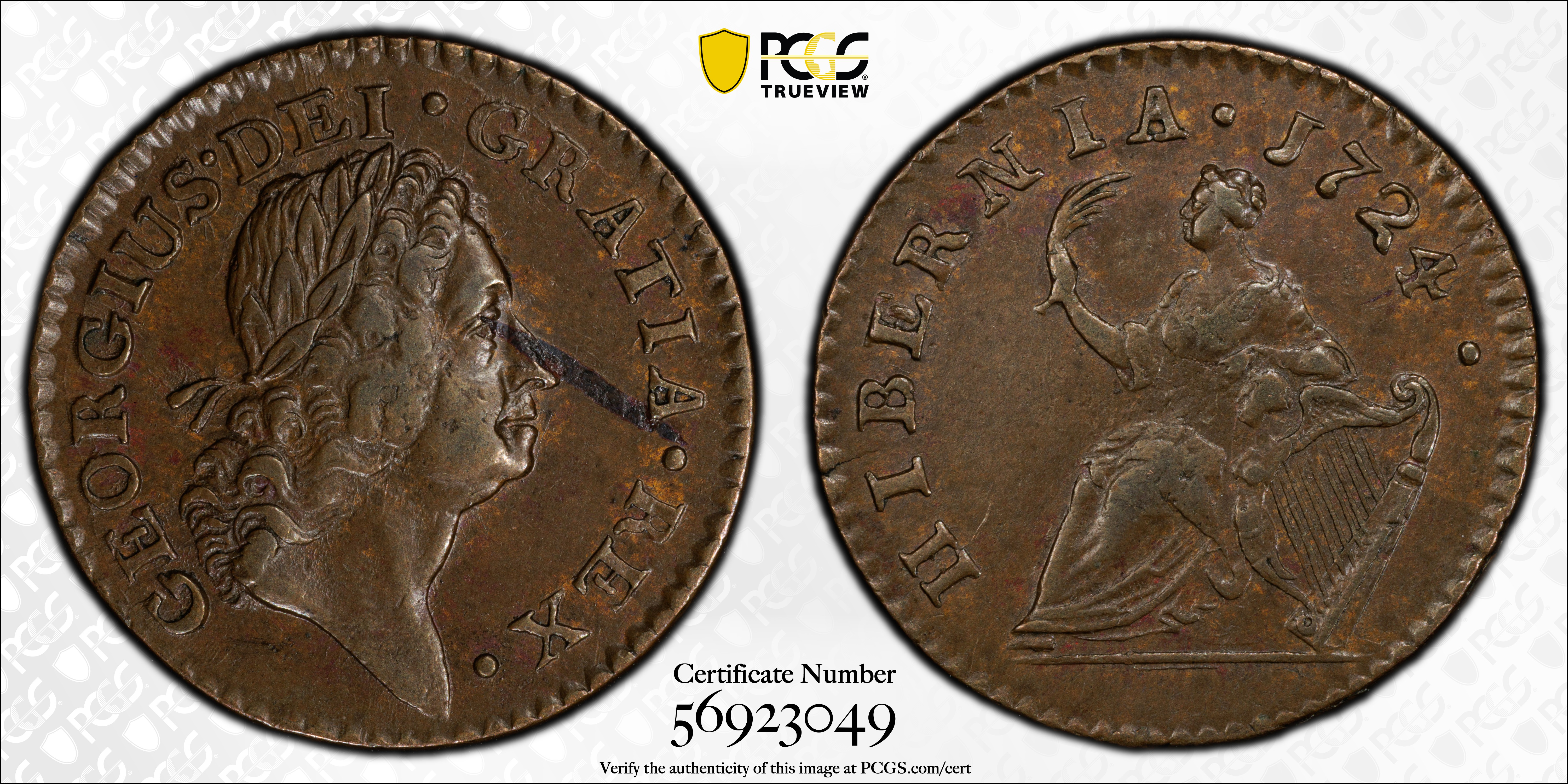 image for: 1724 Wood's Hibernia Farthing. Martin 3.9-D.1, W-12600. Rarity-4. AU-55 (PCGS).