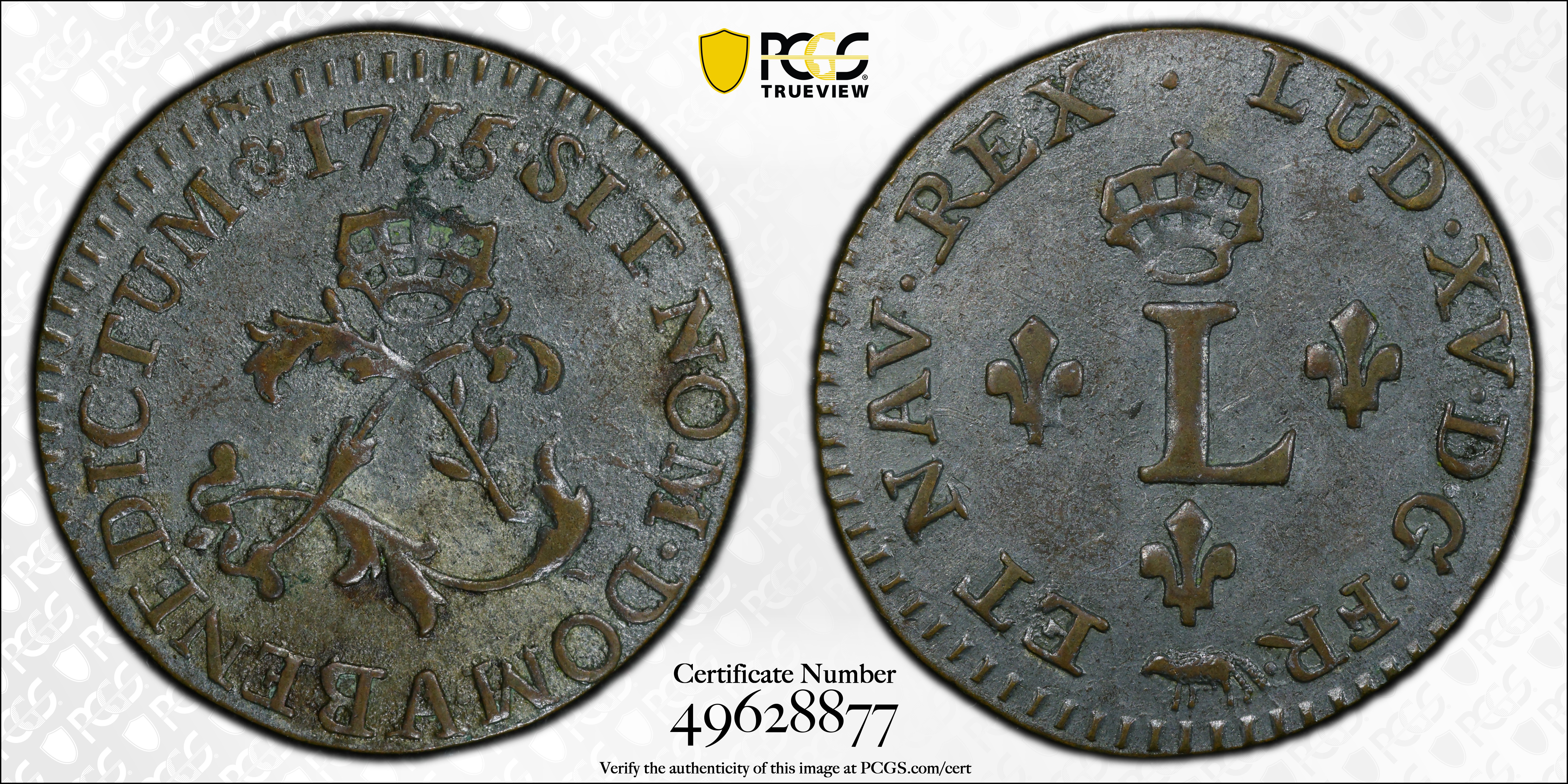image for: 1755-A Sou Marque. Paris Mint. Vlack-35a. Rarity-4. Second Semester. EF-45 (PCGS).