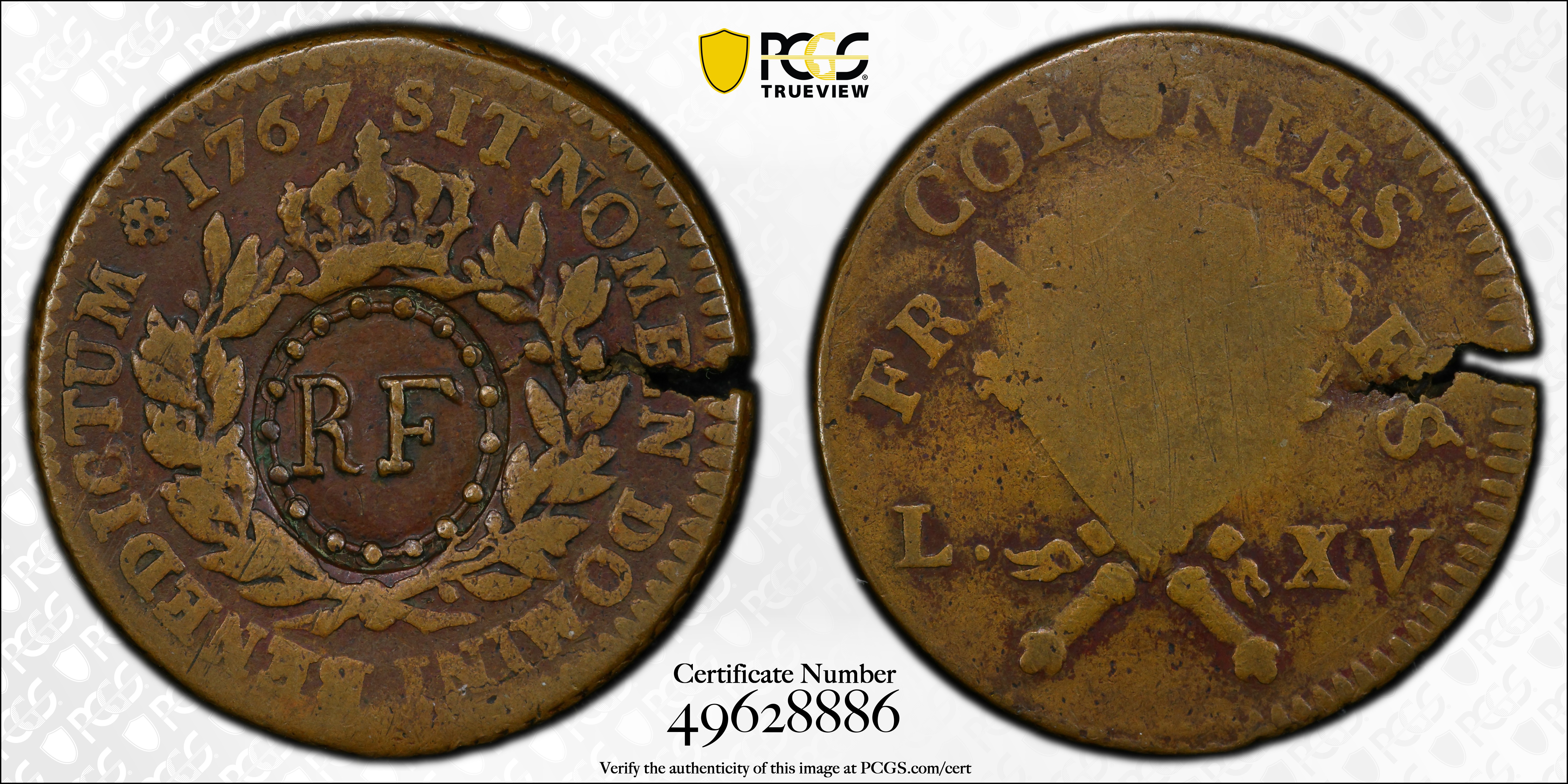 image for: 1767-A (1793) Sou. Paris Mint. Breen-701. RF Counterstamp. VF-25 (PCGS).