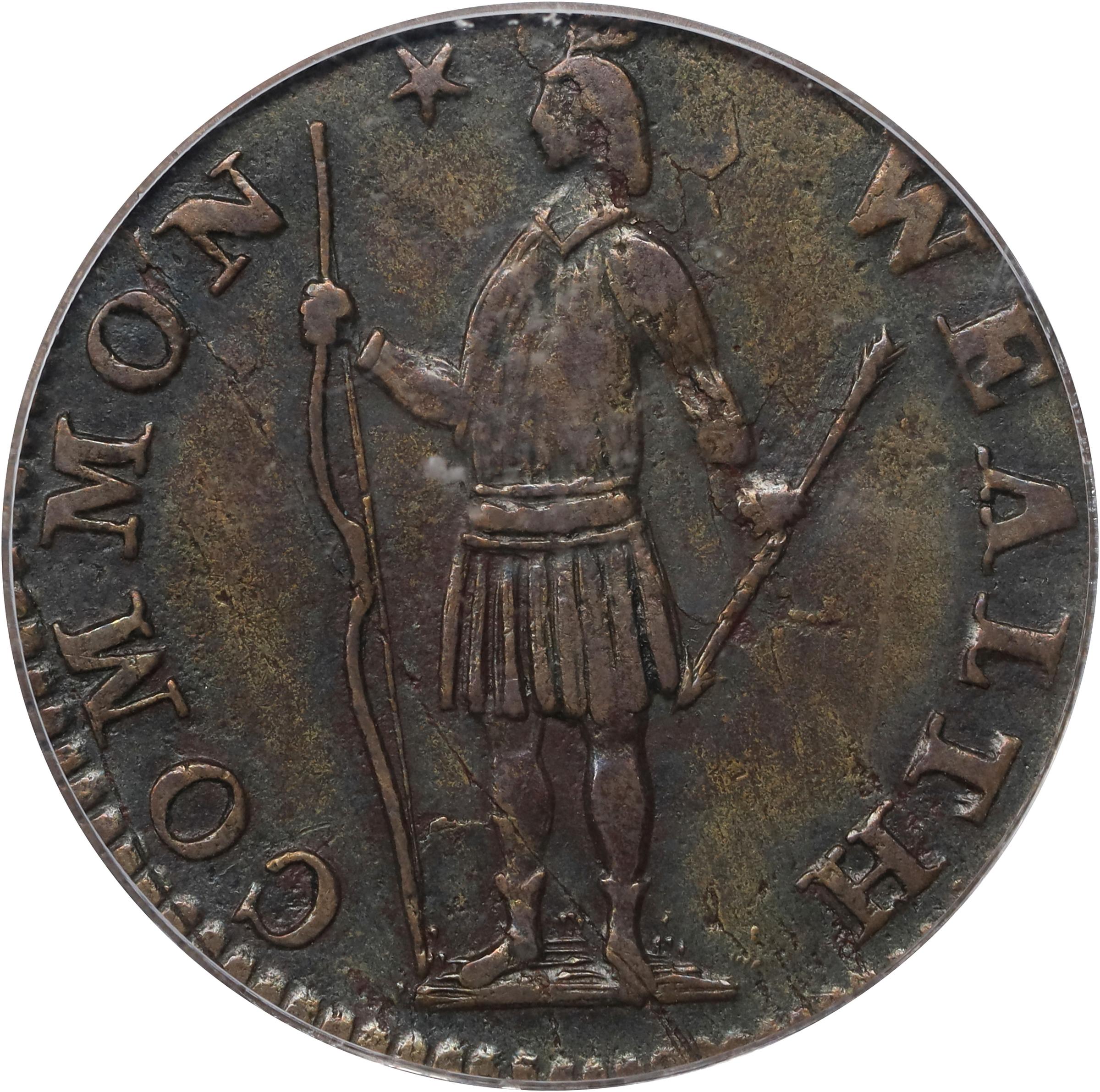 image for: 1788 Massachusetts Half Cent. Miller 1-B, W-6010. Rarity-2. AU-53 (PCGS). OGH.