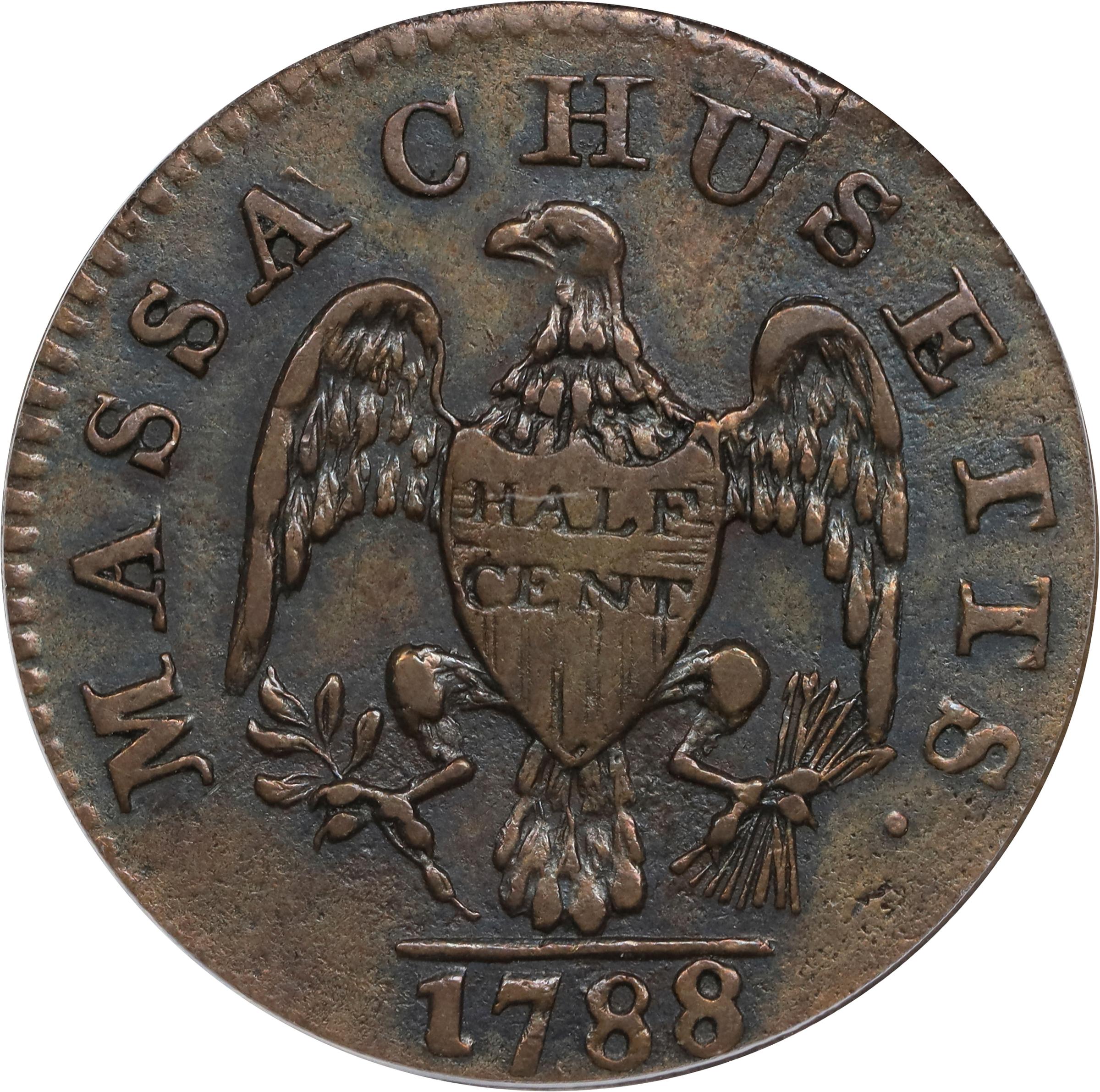image for: 1788 Massachusetts Half Cent. Miller 1-B, W-6010. Rarity-2. AU-53 (PCGS). OGH.