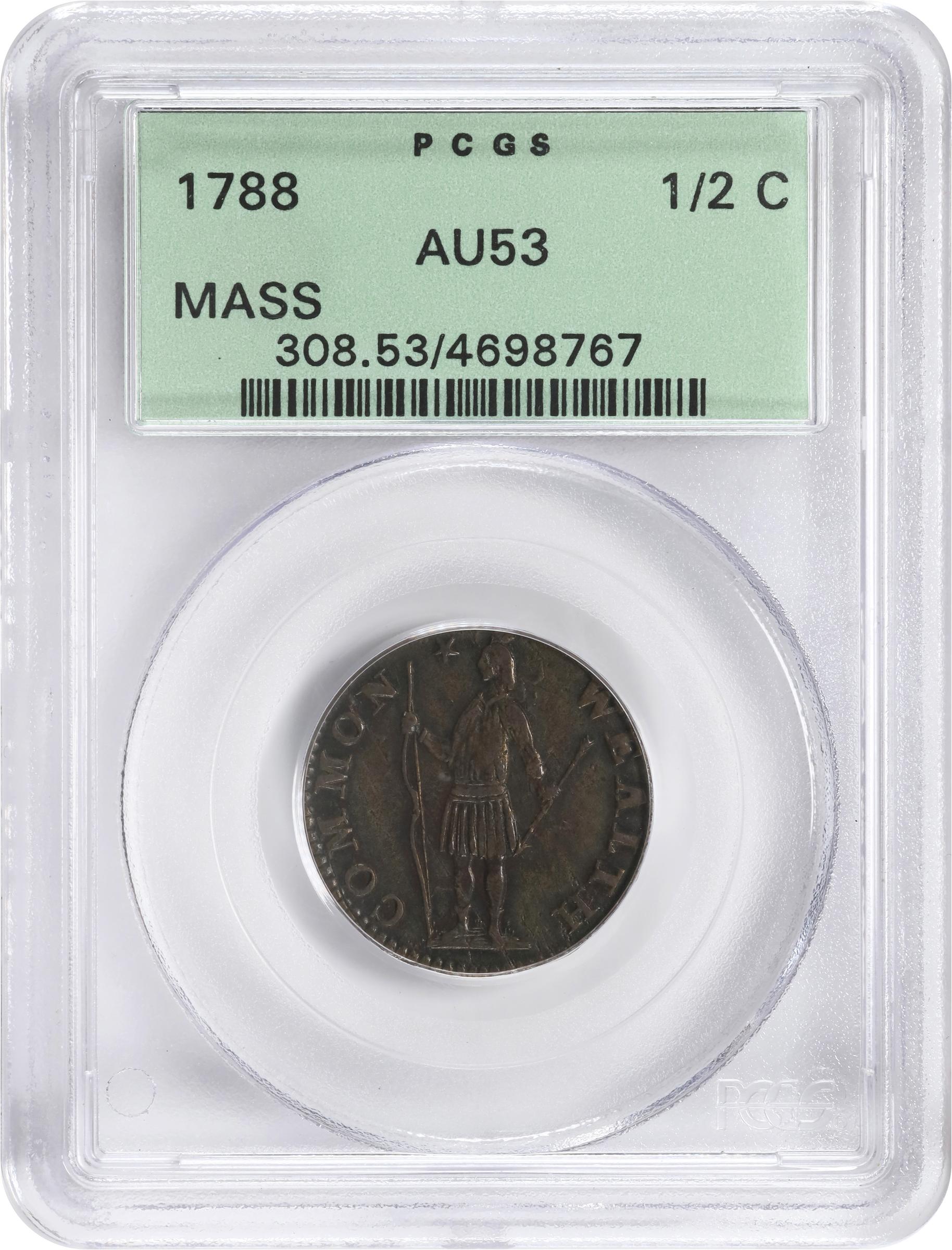 image for: 1788 Massachusetts Half Cent. Miller 1-B, W-6010. Rarity-2. AU-53 (PCGS). OGH.