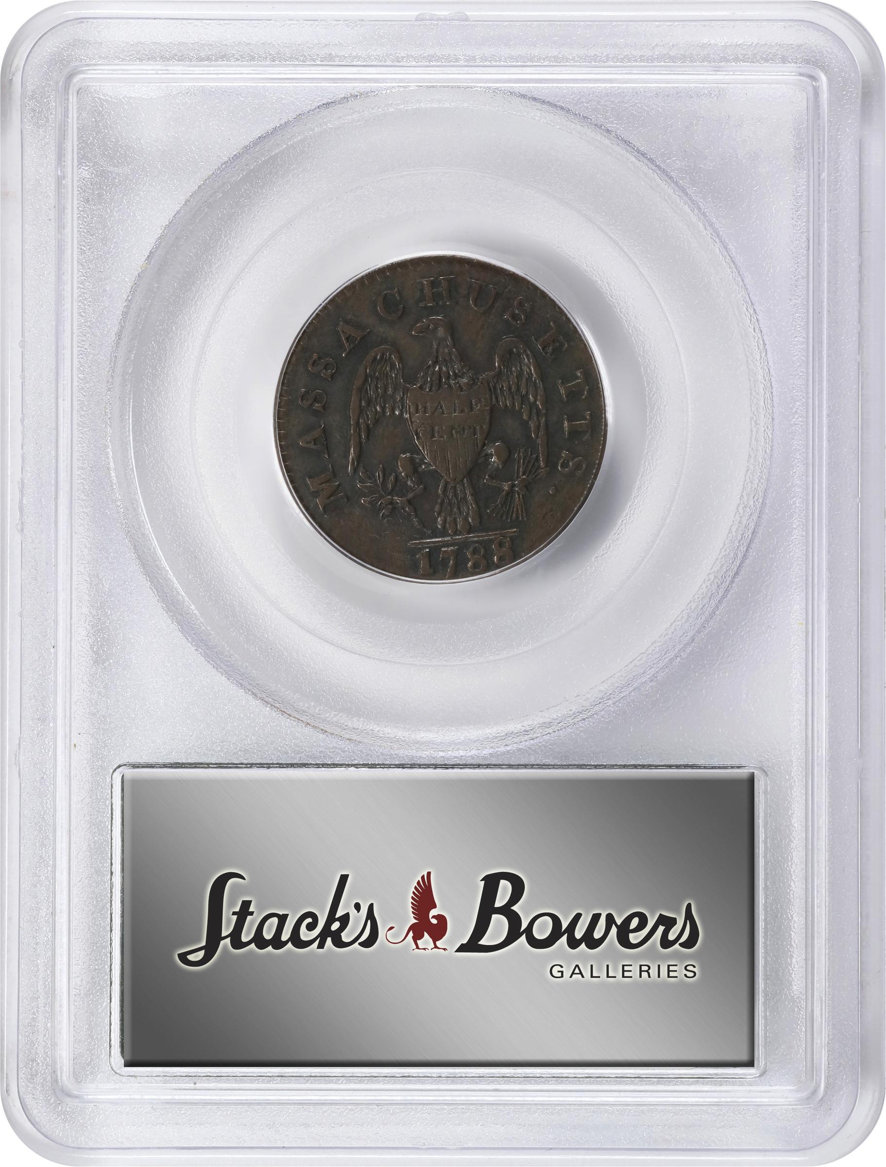 image for: 1788 Massachusetts Half Cent. Miller 1-B, W-6010. Rarity-2. AU-53 (PCGS). OGH.