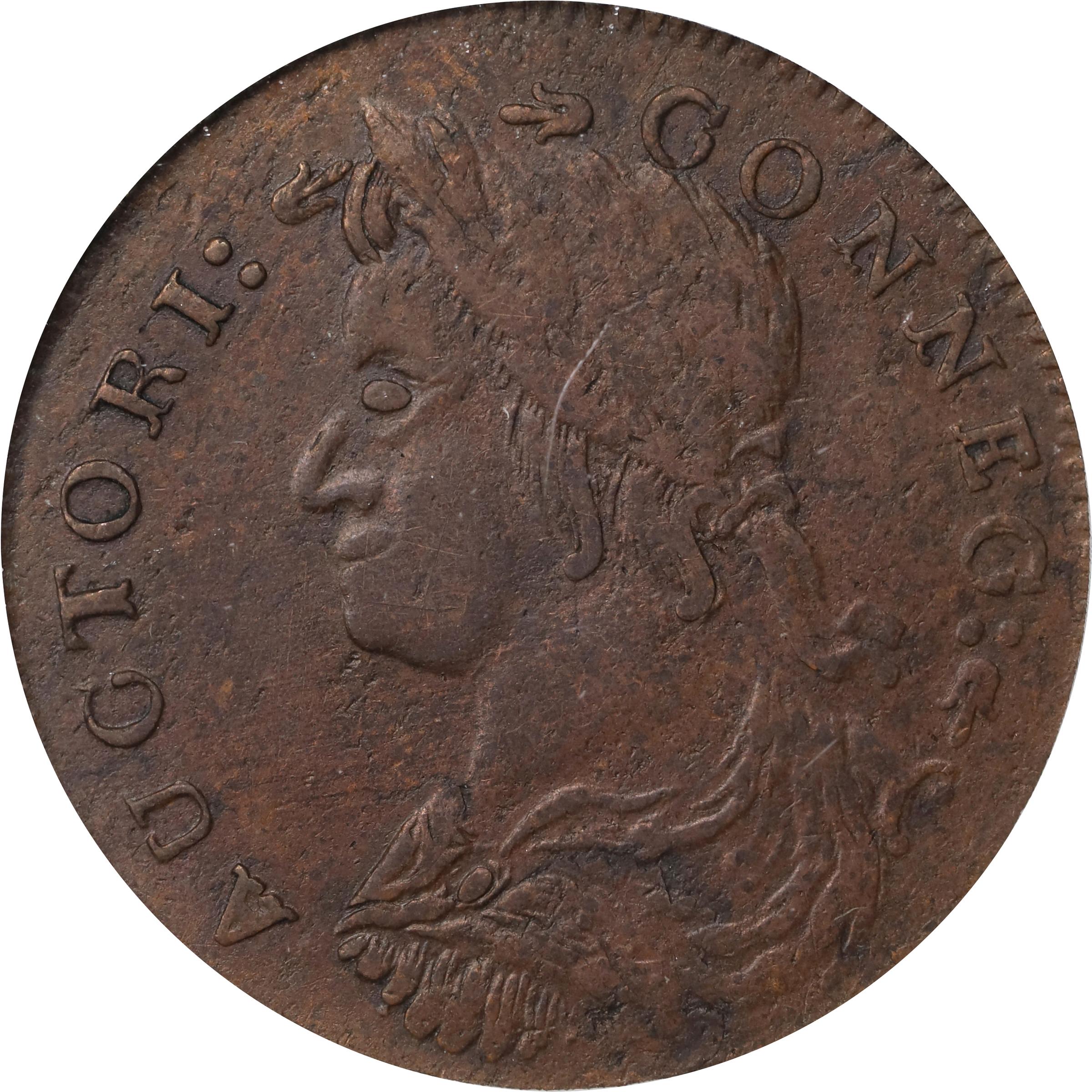 image for: 1787 Connecticut Copper. Miller 34-ff.1, W-4060. Rarity-5. Draped Bust Left, ETLIR. EF-45 (PCGS).