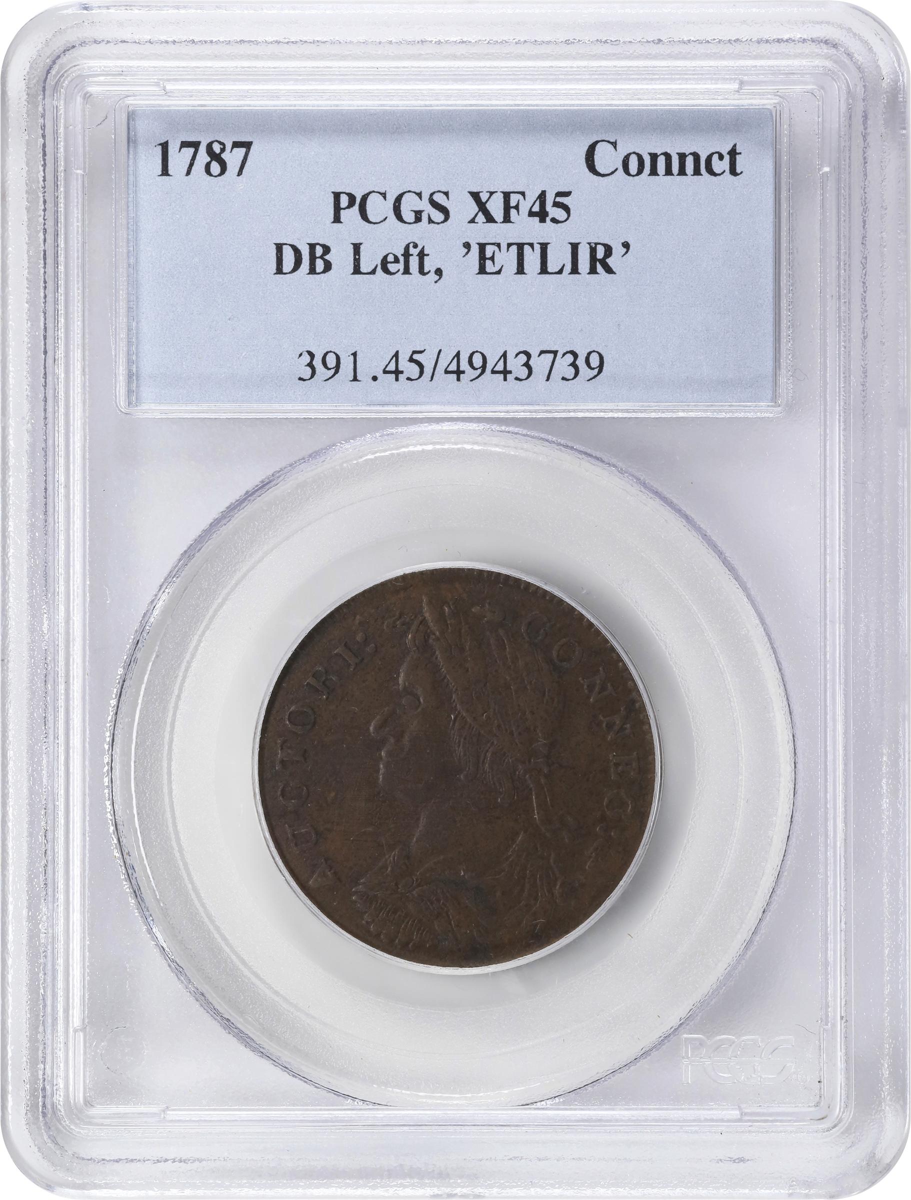 image for: 1787 Connecticut Copper. Miller 34-ff.1, W-4060. Rarity-5. Draped Bust Left, ETLIR. EF-45 (PCGS).