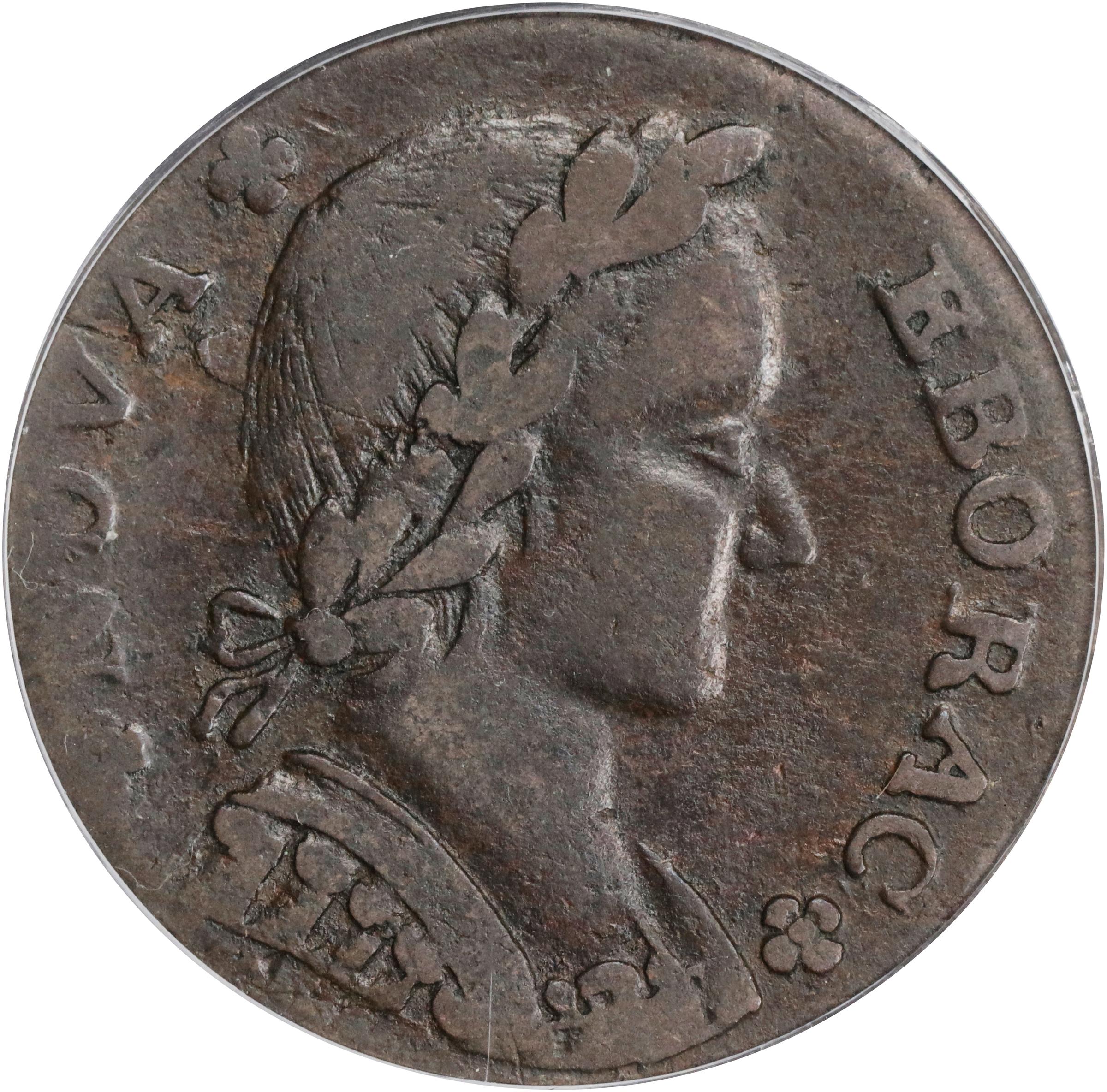 image for: 1787 Nova Eborac Copper. W-5755. Rarity-3. Medium Bust, Seated Figure Left. VF-25 (PCGS). OGH.