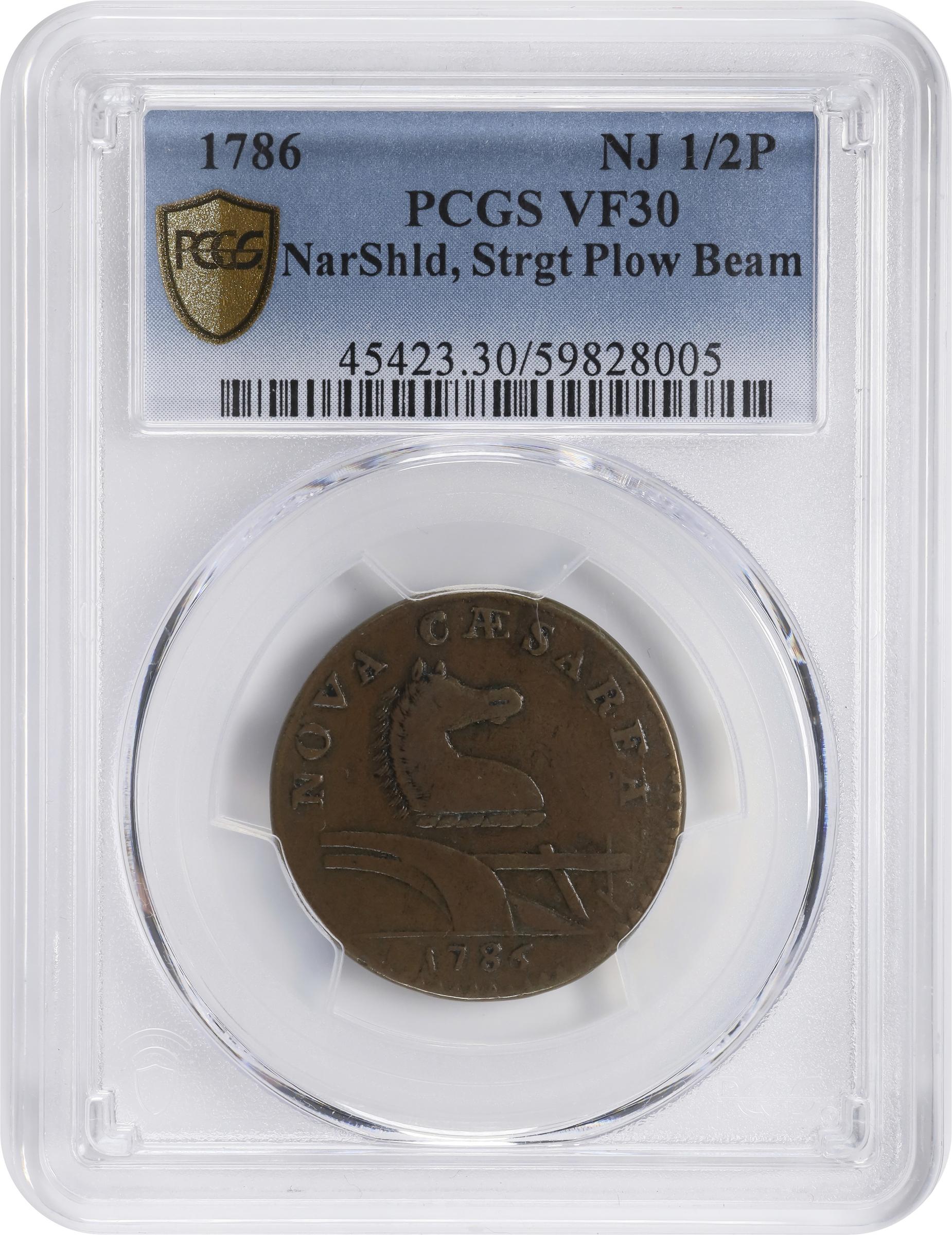 image for: 1786 New Jersey Copper. Maris 15-J, W-4815. Rarity-4. Straight Plow Beam, Leaning Head. VF-30 (PCGS).