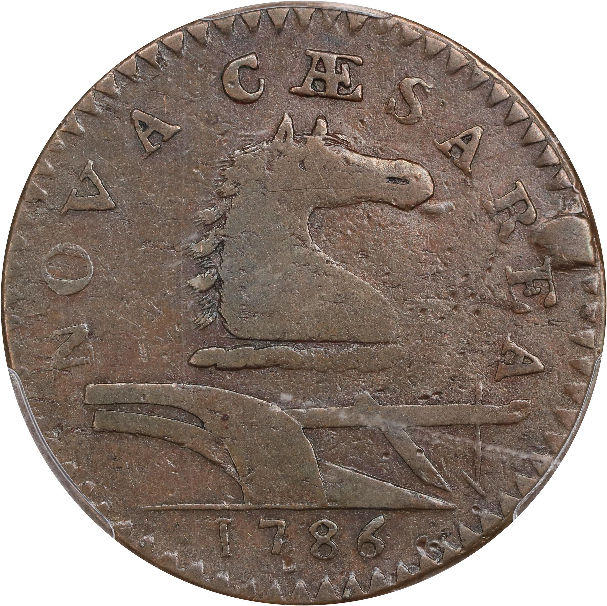 image for: 1786 New Jersey Copper. Maris 16-L, W-4840. Rarity-2. Straight Plow Beam, Protruding Tongue. VF-20 (PCGS).