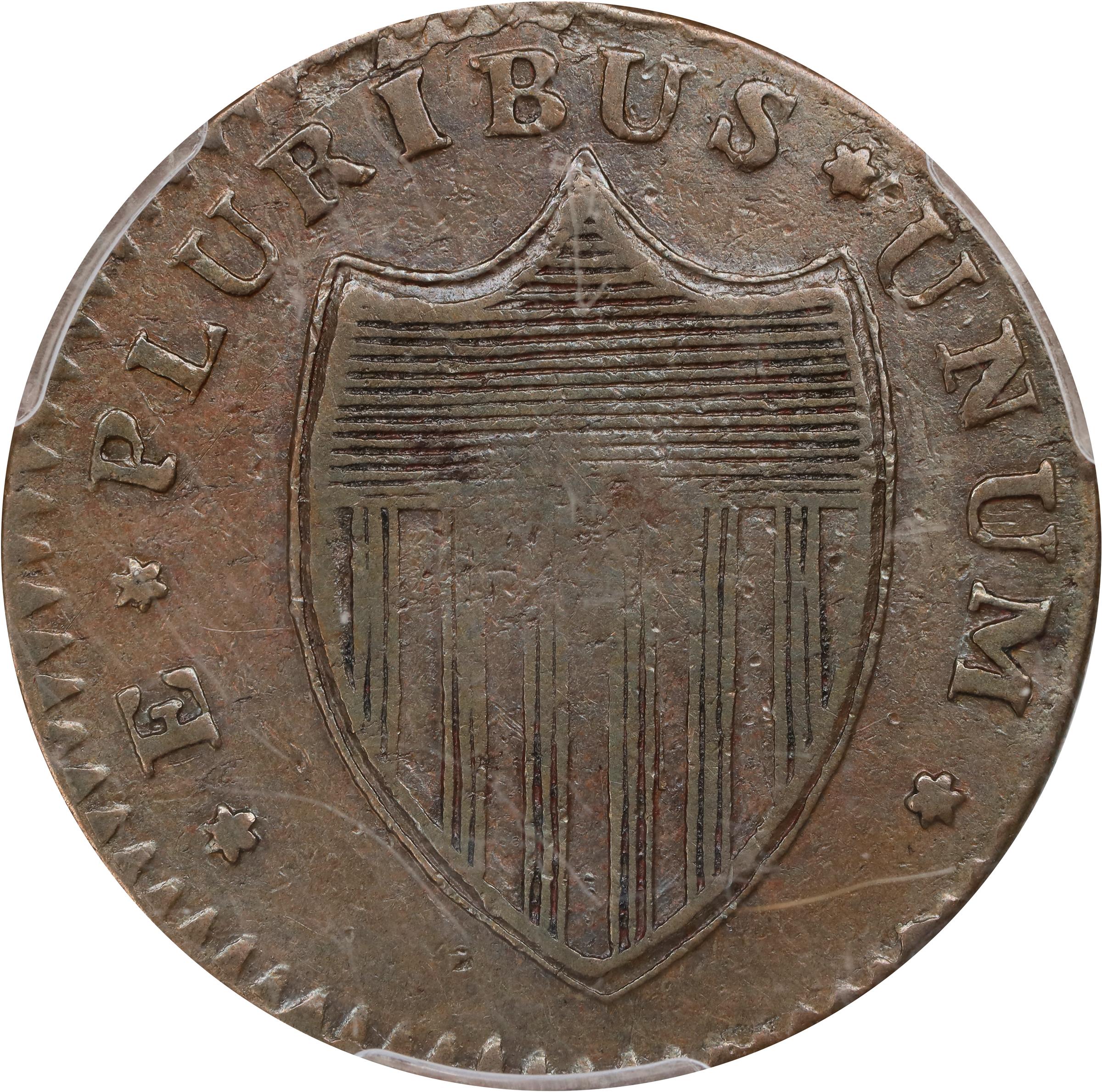 image for: 1786 New Jersey Copper. Maris 16-L, W-4840. Rarity-2. Straight Plow Beam, Protruding Tongue. VF-20 (PCGS).