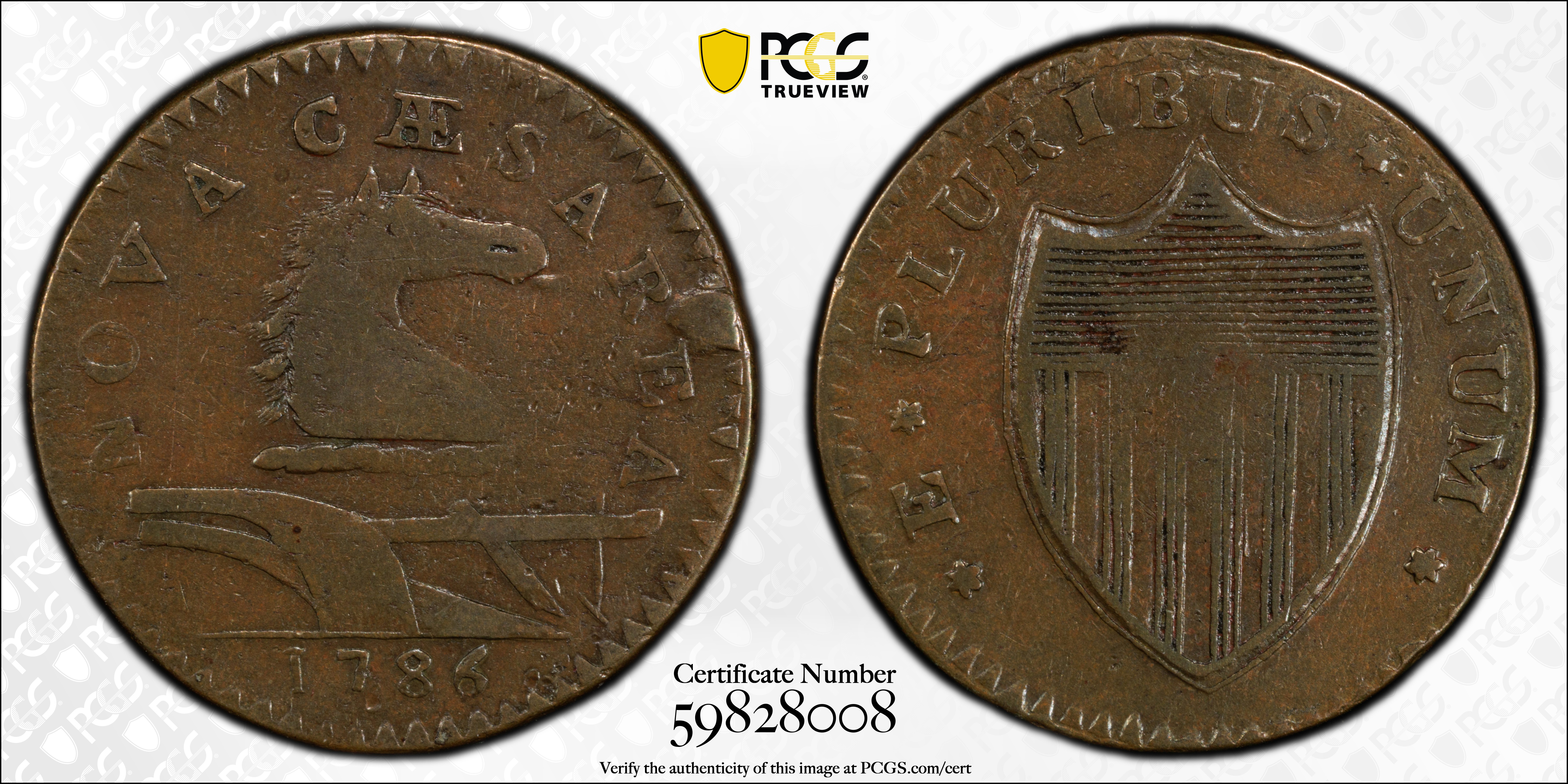 image for: 1786 New Jersey Copper. Maris 16-L, W-4840. Rarity-2. Straight Plow Beam, Protruding Tongue. VF-20 (PCGS).