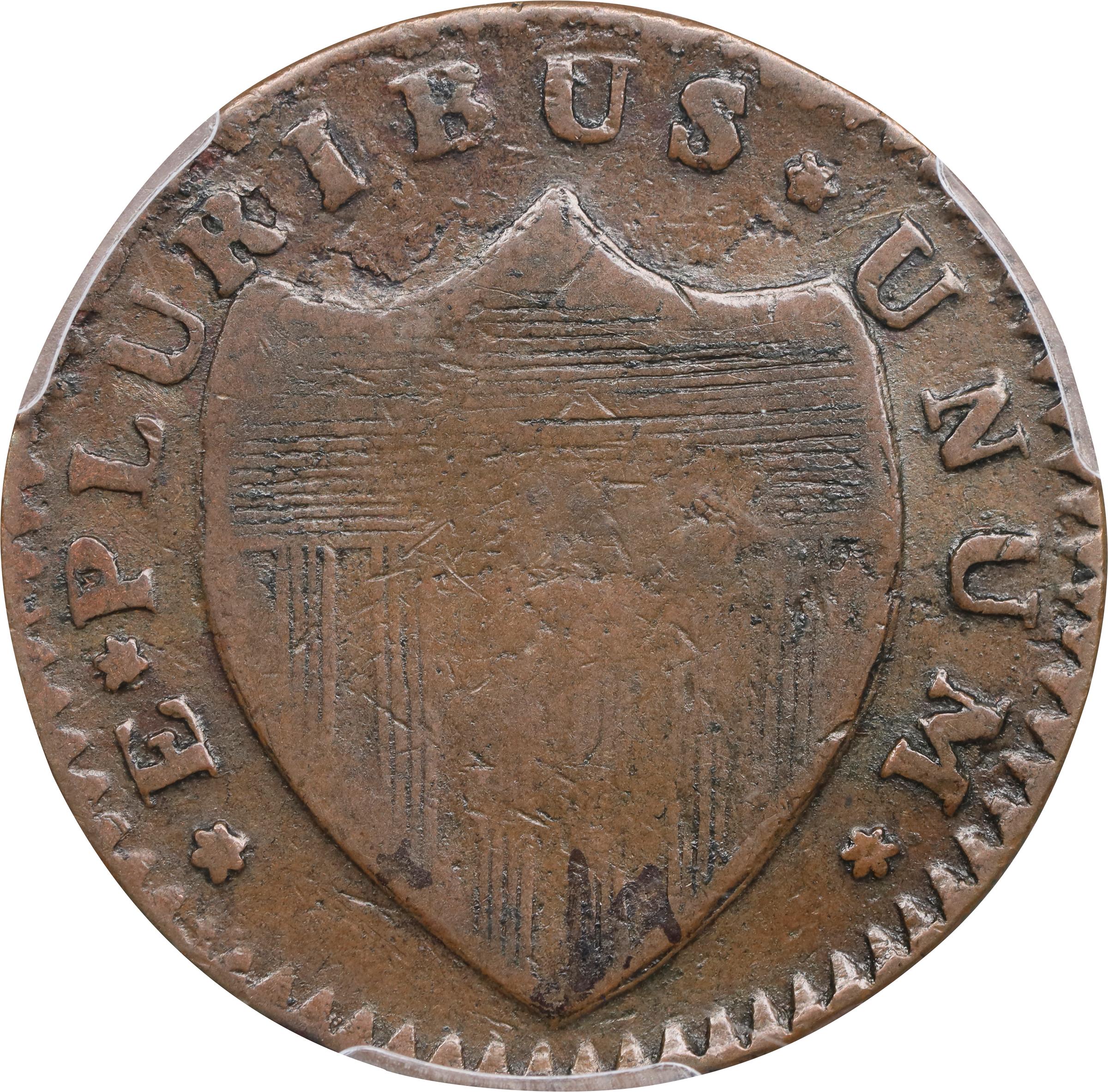 image for: 1786 New Jersey Copper. Maris 18-M, W-4890. Rarity-2. Bridle, Wide Shield. Fine-15 (PCGS).