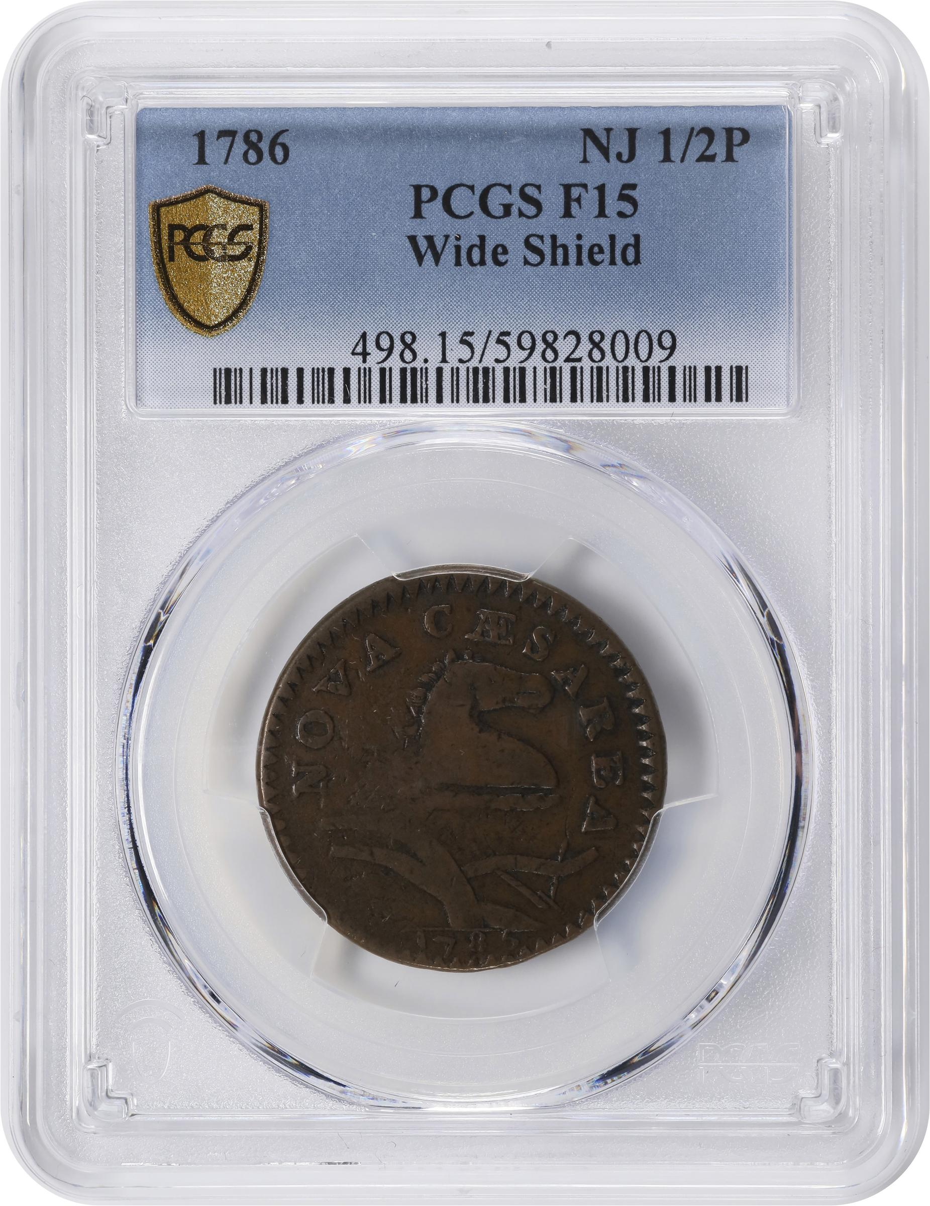 image for: 1786 New Jersey Copper. Maris 18-M, W-4890. Rarity-2. Bridle, Wide Shield. Fine-15 (PCGS).