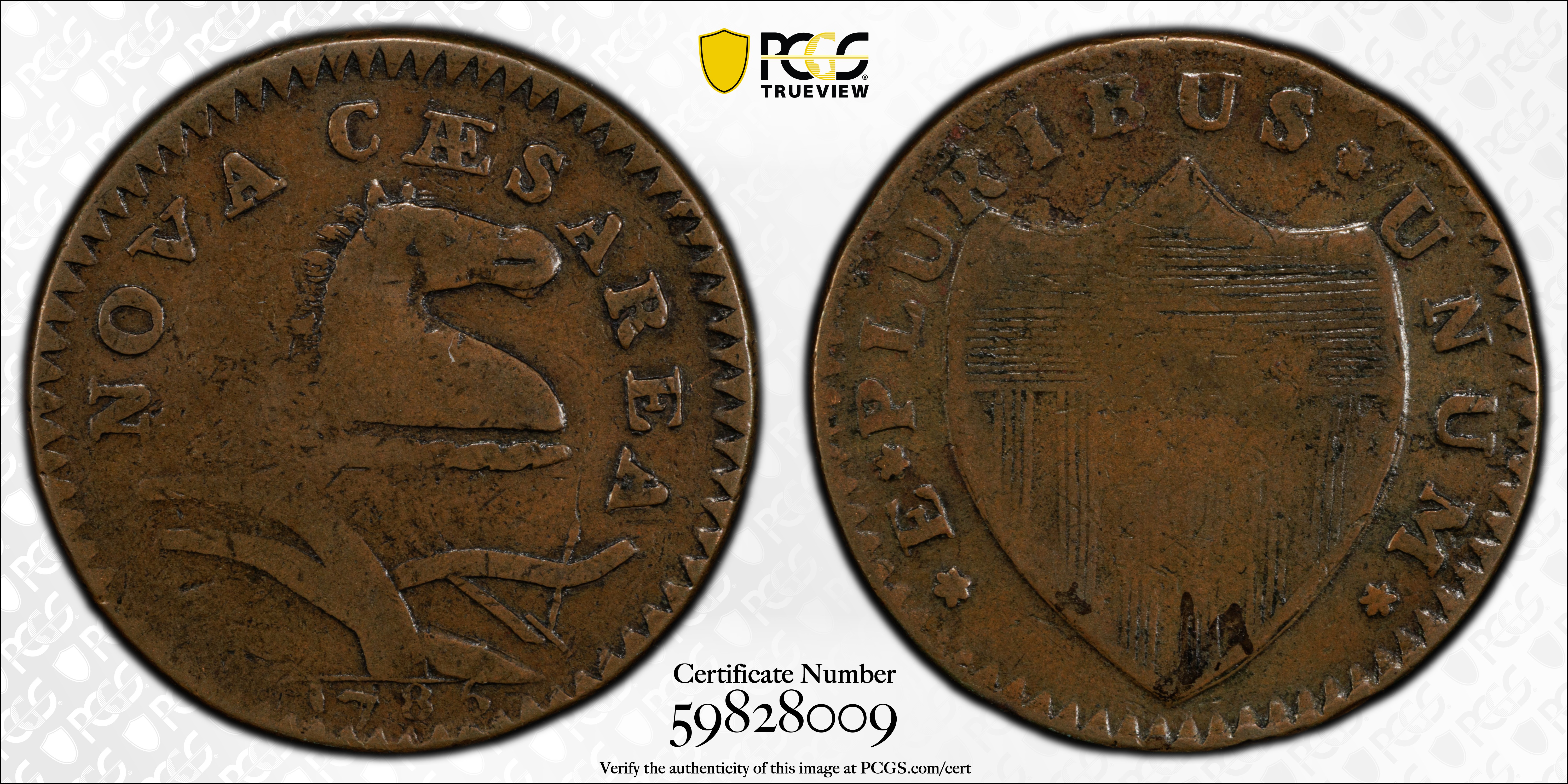 image for: 1786 New Jersey Copper. Maris 18-M, W-4890. Rarity-2. Bridle, Wide Shield. Fine-15 (PCGS).