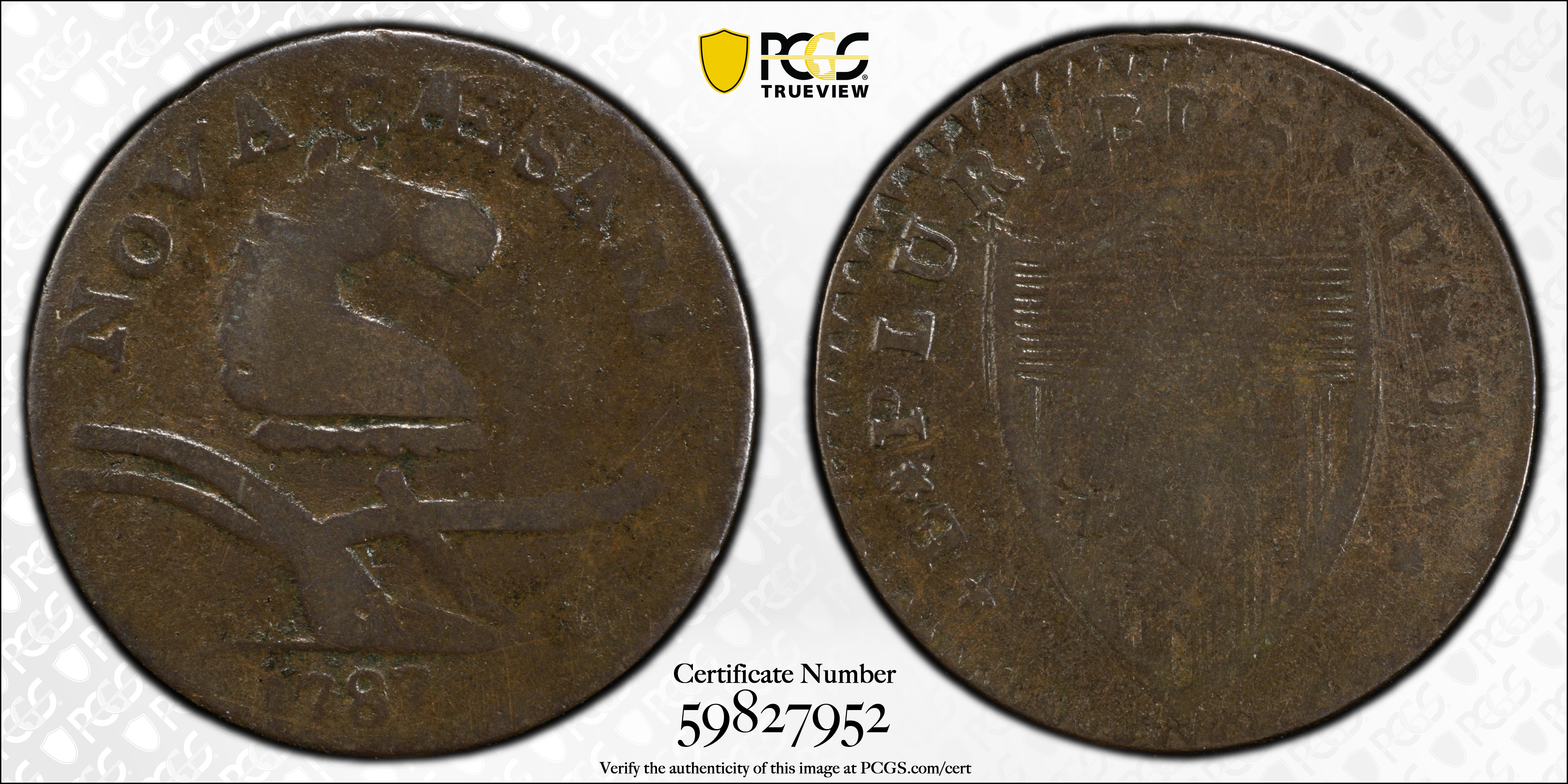 image for: 1787 New Jersey Copper. Maris 56-n, W-5310. Rarity-1. No Sprig Above Plow, Camel Head. VG-8 (PCGS).