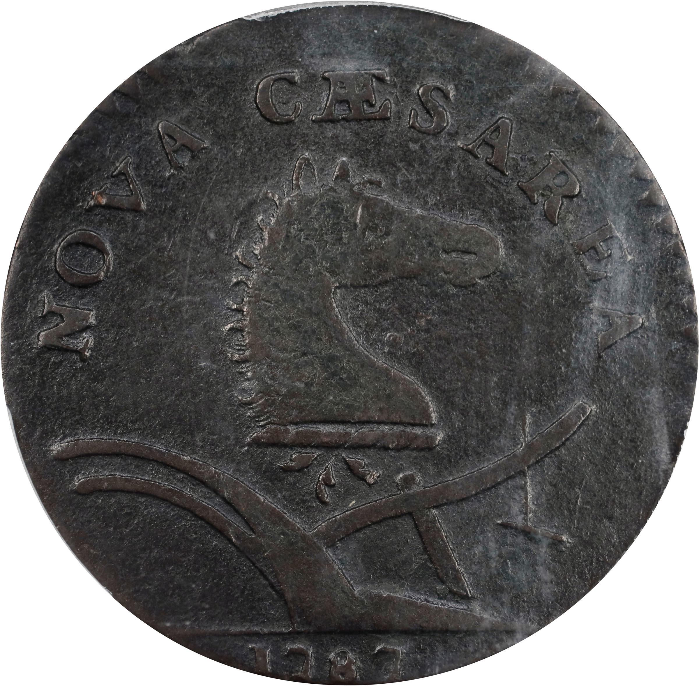 image for: 1787 New Jersey Copper. Maris 63-s, W-5375. Rarity-2. Sprig Above Plow, Bottom Stars Distant. Large Planchet. Fine-15 (PCGS).