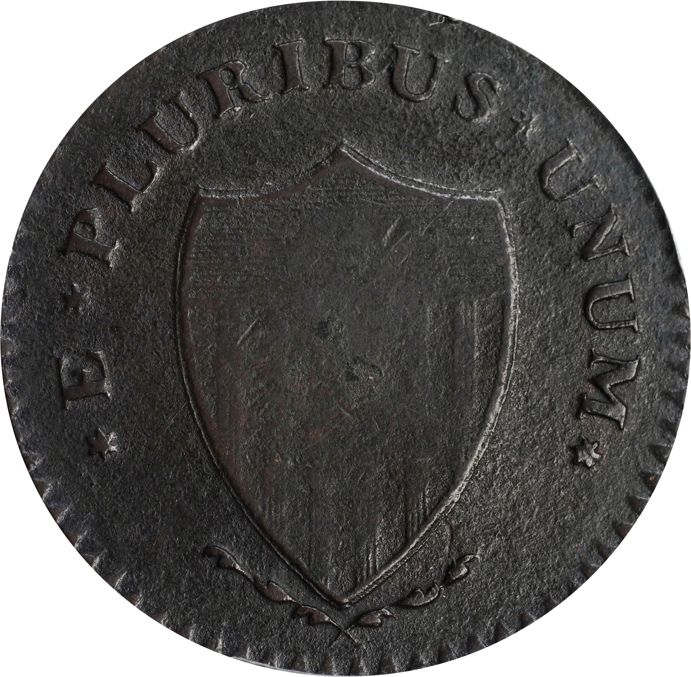 image for: 1787 New Jersey Copper. Maris 63-s, W-5375. Rarity-2. Sprig Above Plow, Bottom Stars Distant. Large Planchet. Fine-15 (PCGS).