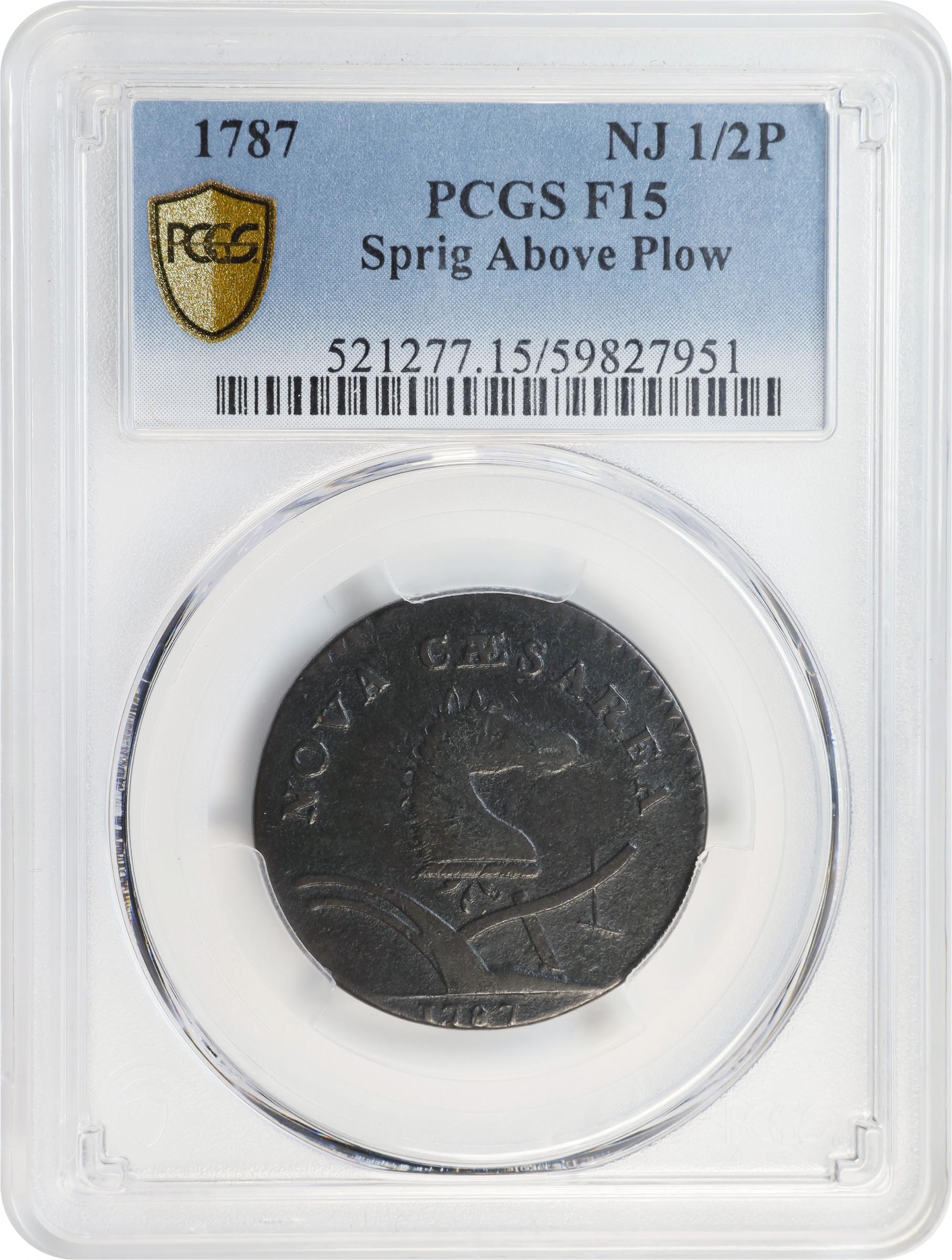 image for: 1787 New Jersey Copper. Maris 63-s, W-5375. Rarity-2. Sprig Above Plow, Bottom Stars Distant. Large Planchet. Fine-15 (PCGS).