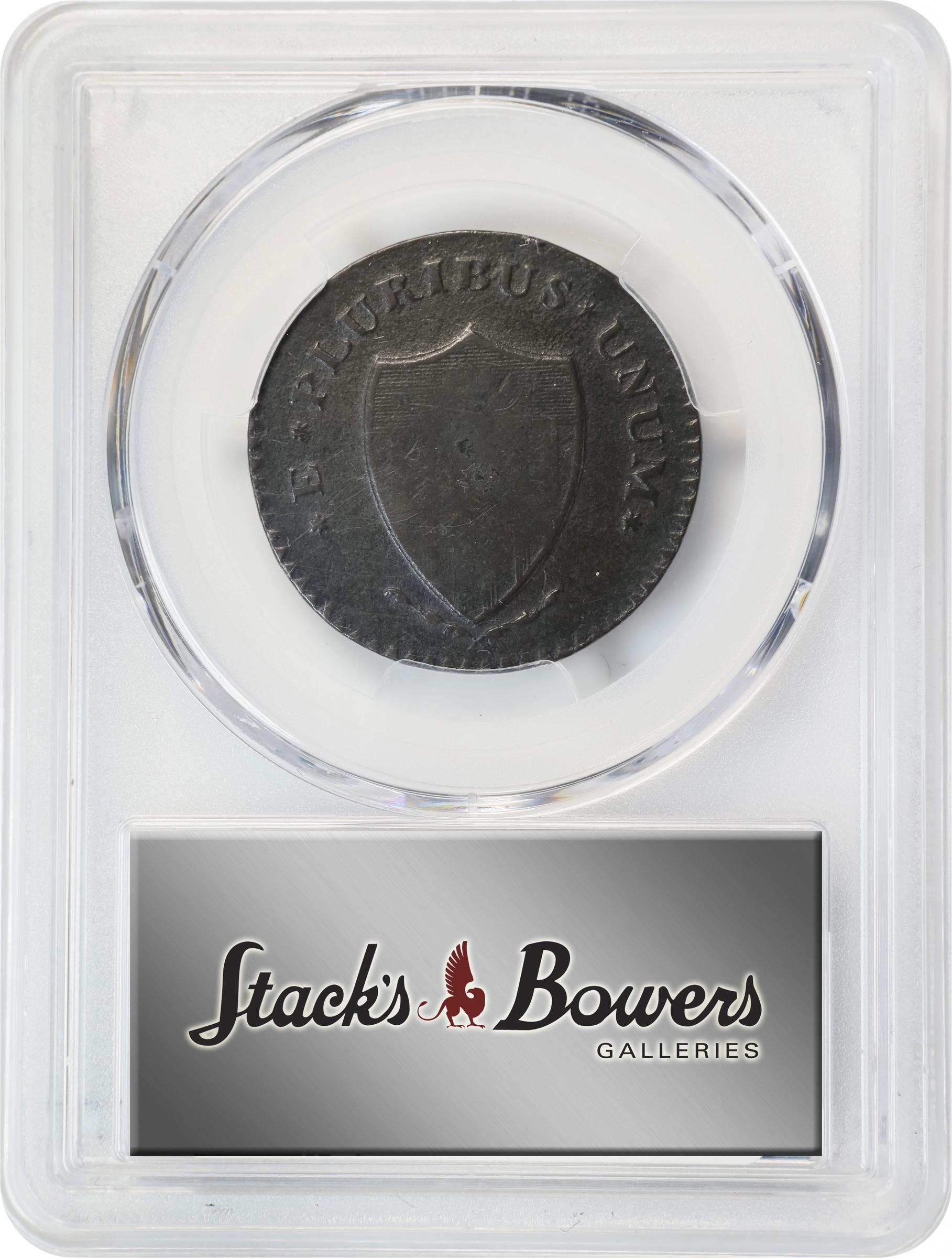 image for: 1787 New Jersey Copper. Maris 63-s, W-5375. Rarity-2. Sprig Above Plow, Bottom Stars Distant. Large Planchet. Fine-15 (PCGS).