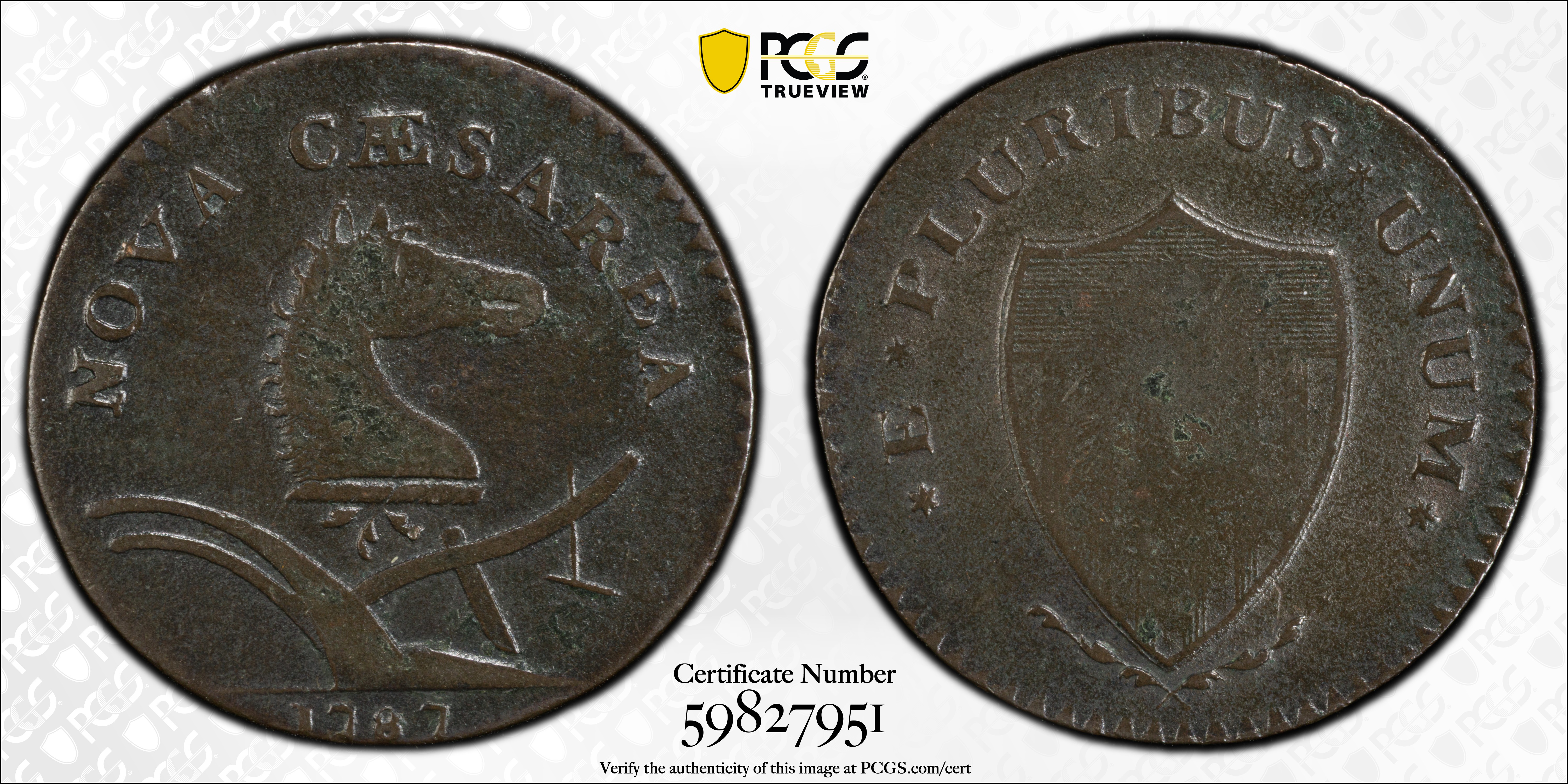 image for: 1787 New Jersey Copper. Maris 63-s, W-5375. Rarity-2. Sprig Above Plow, Bottom Stars Distant. Large Planchet. Fine-15 (PCGS).