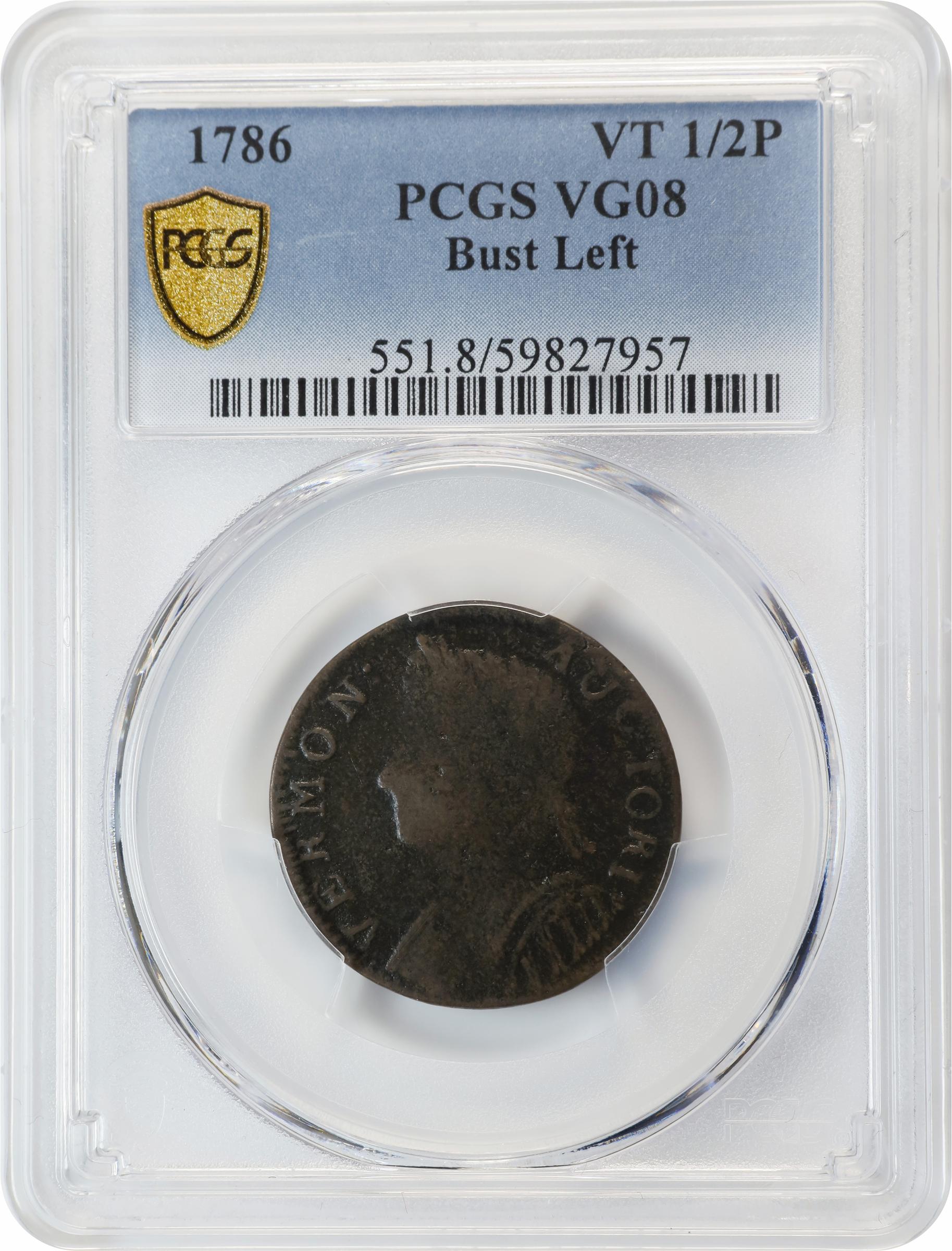 image for: 1786 Vermont Copper. RR-11, Bressett 9-H, W-2050. Rarity-4. Bust Left. VG-8 (PCGS).