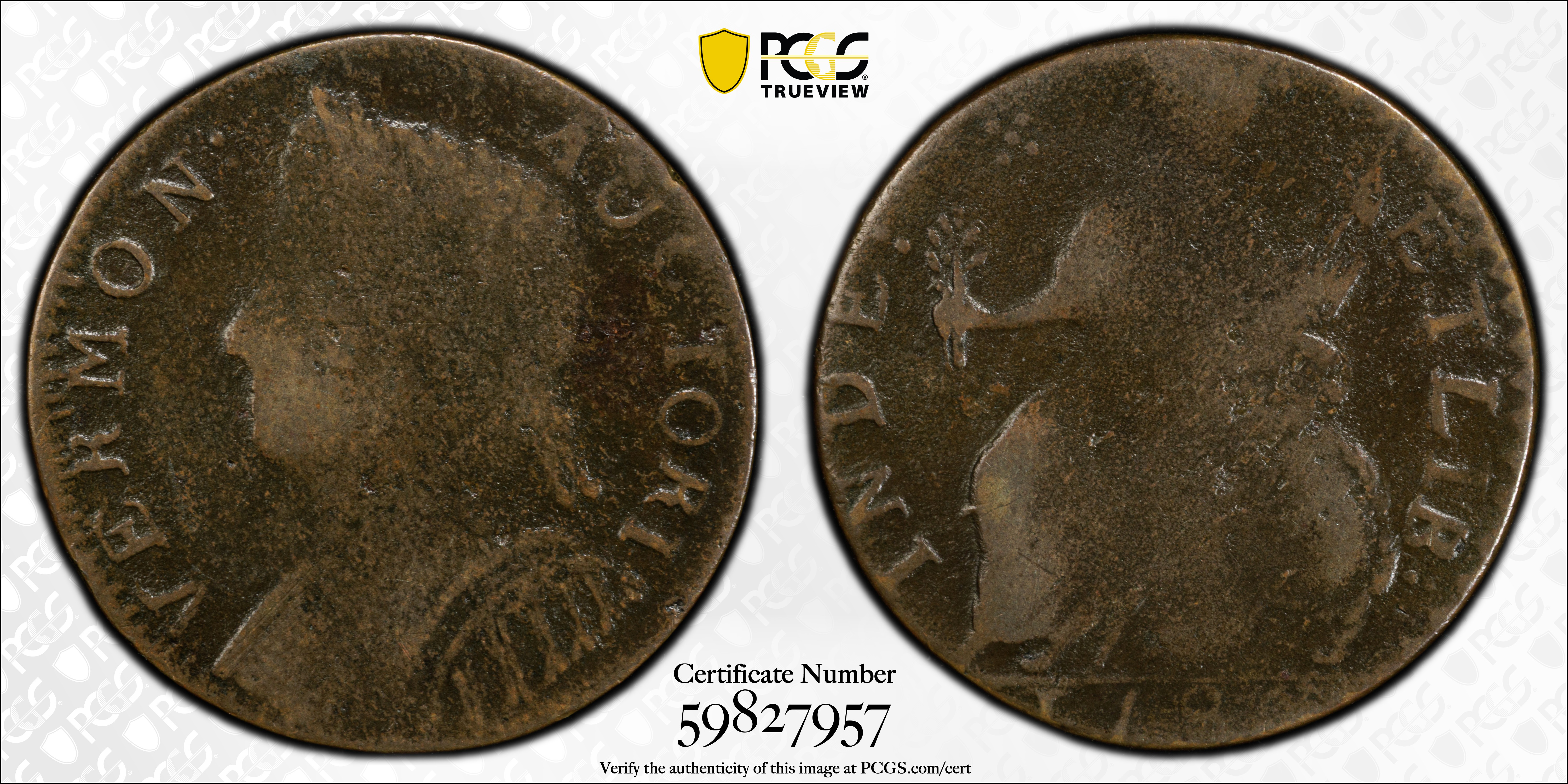 image for: 1786 Vermont Copper. RR-11, Bressett 9-H, W-2050. Rarity-4. Bust Left. VG-8 (PCGS).