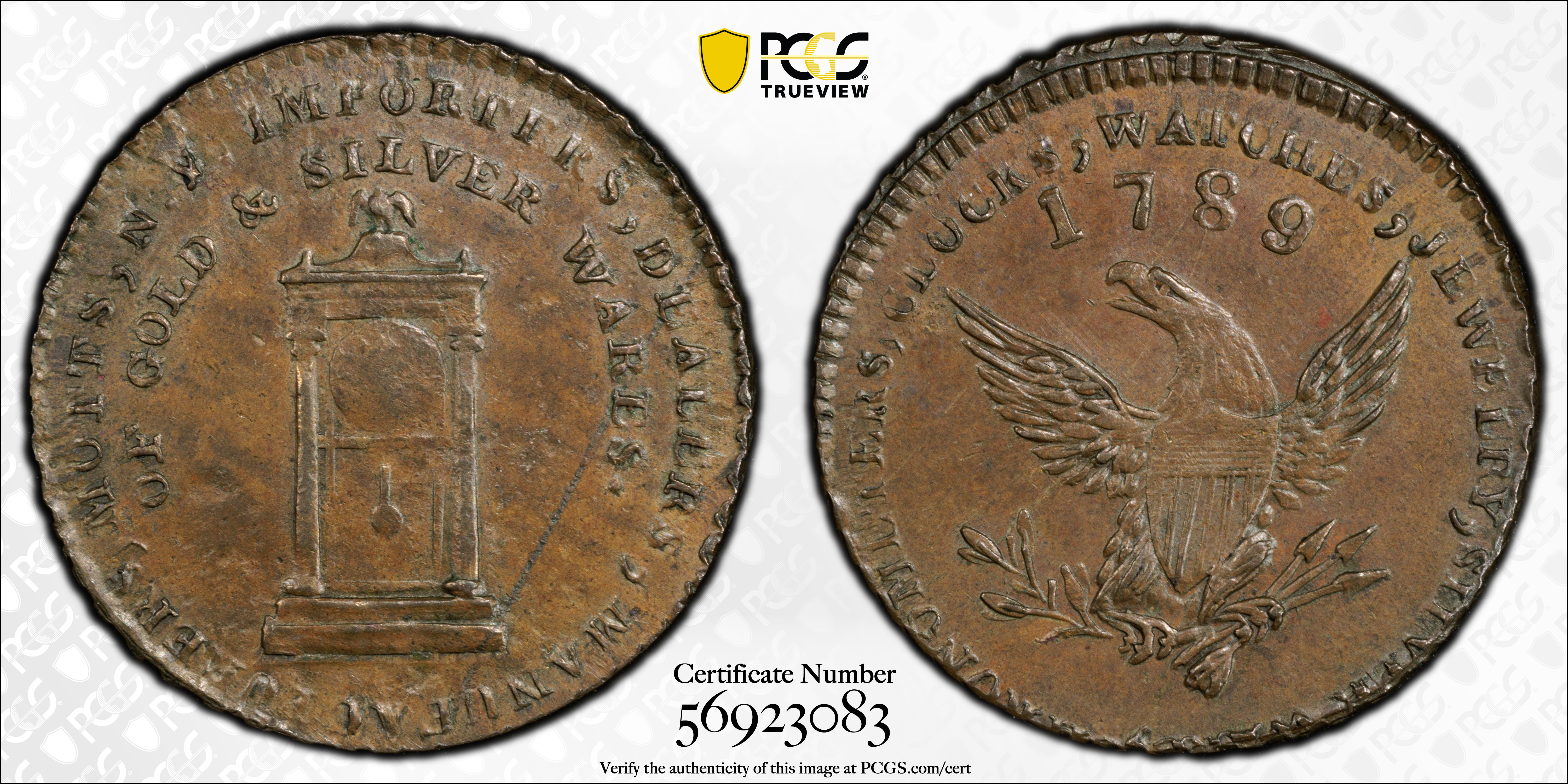 image for: "1789" Mott Token. Breen-1025, Rulau-E NY 612. Thin Planchet. Engrailed Edge. AU-55 (PCGS).
