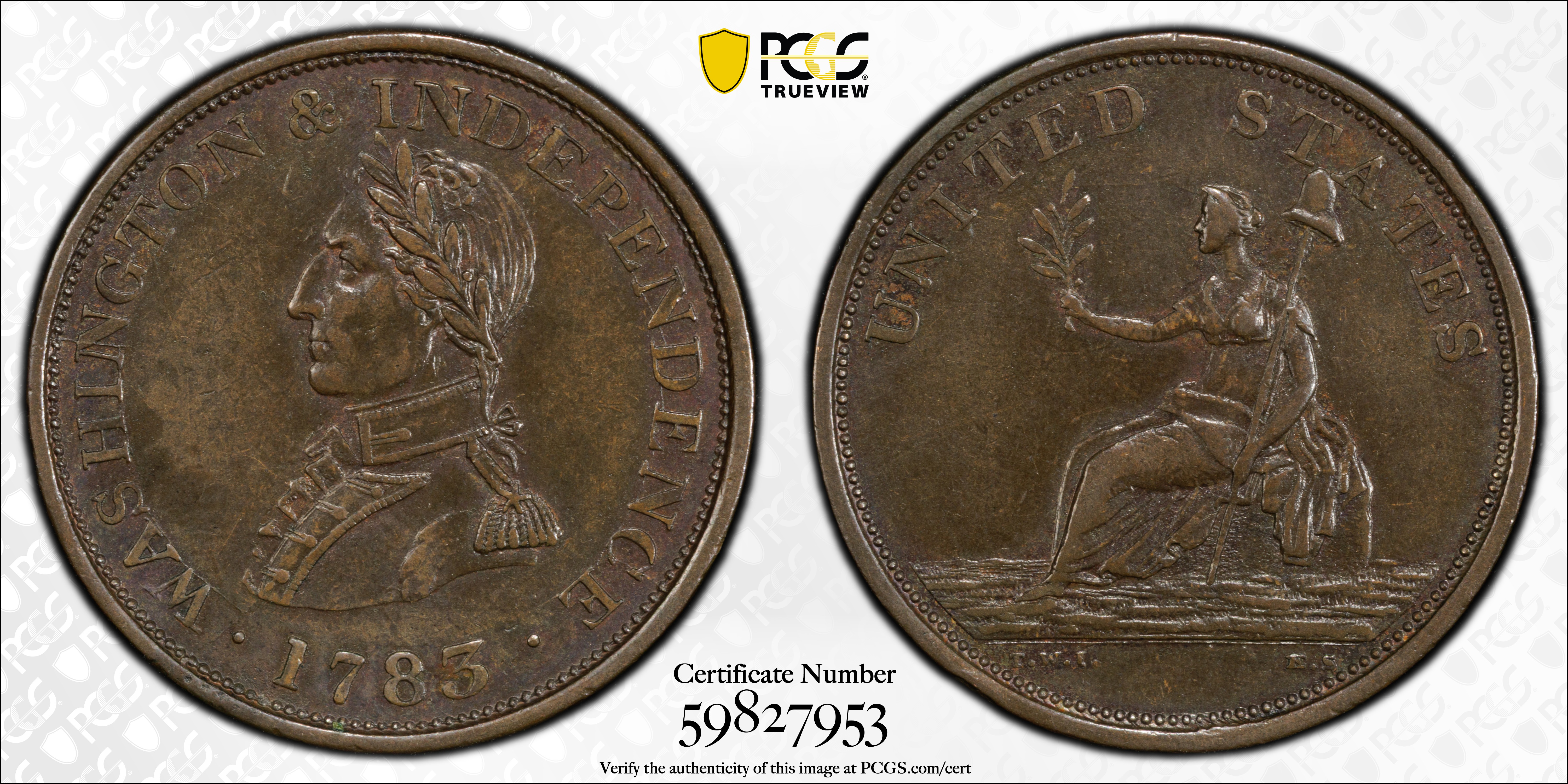 image for: "1783" (ca. 1820) Washington Military Bust Copper. Musante GW-109, Vlack 1-A, Baker-4A, W-10160. Small Military Bust. Plain Edge. AU-50 (PCGS).