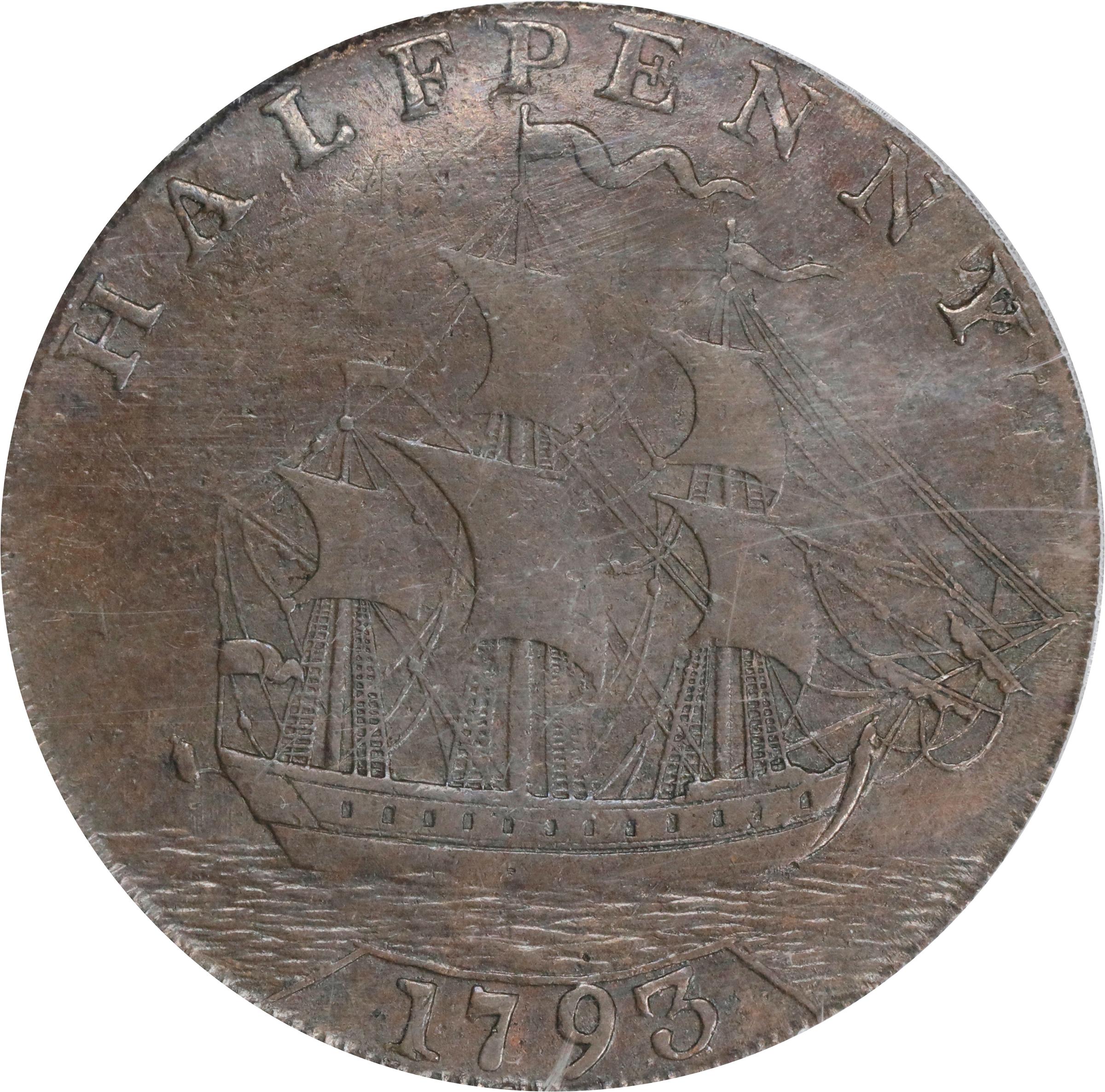 image for: 1793/2 Washington Ship Halfpenny. Musante GW-20, Baker-18, W-10855. Copper. Lettered Edge. EF-45 (PCGS). OGH.