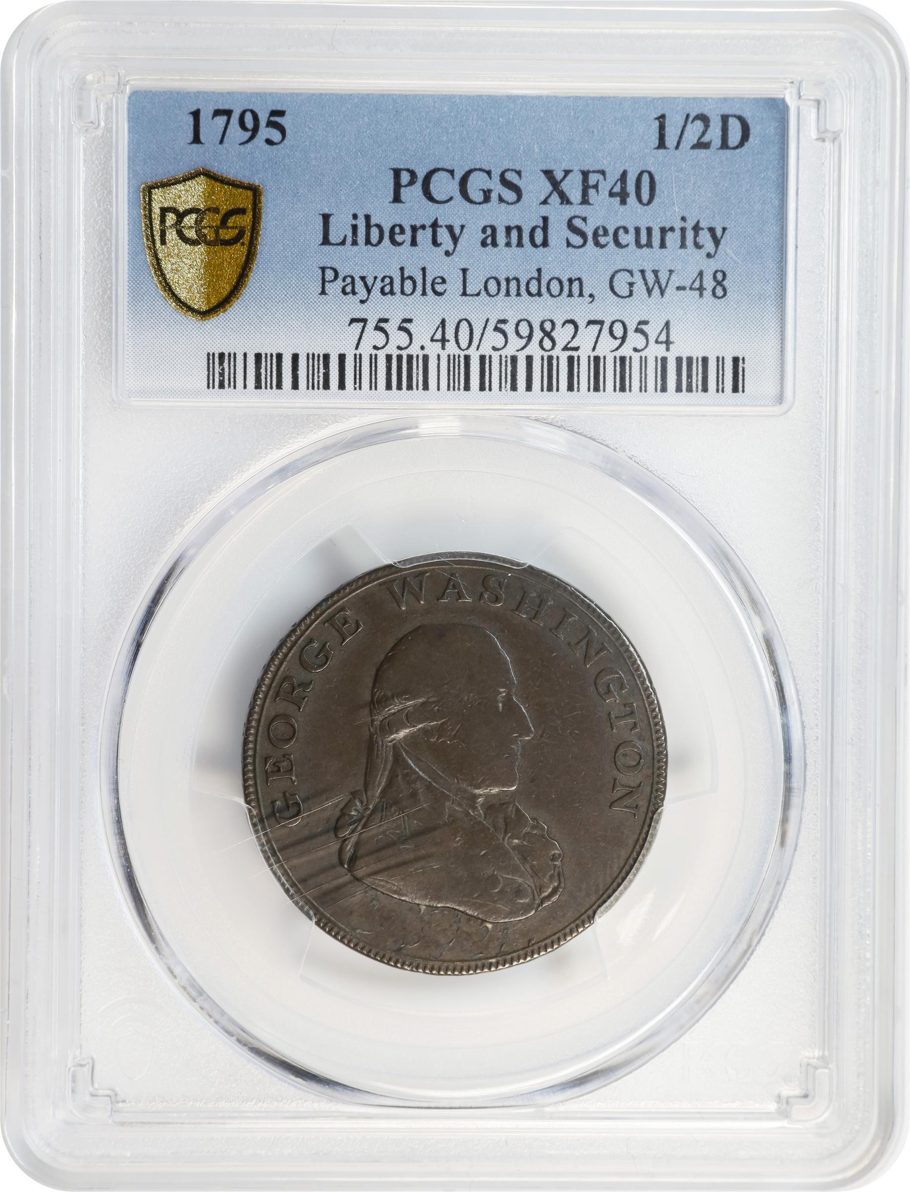 image for: 1795 Washington Liberty and Security Halfpenny. Musante GW-48, Baker-31, W-11015. Copper. LONDON Edge. EF-40 (PCGS).
