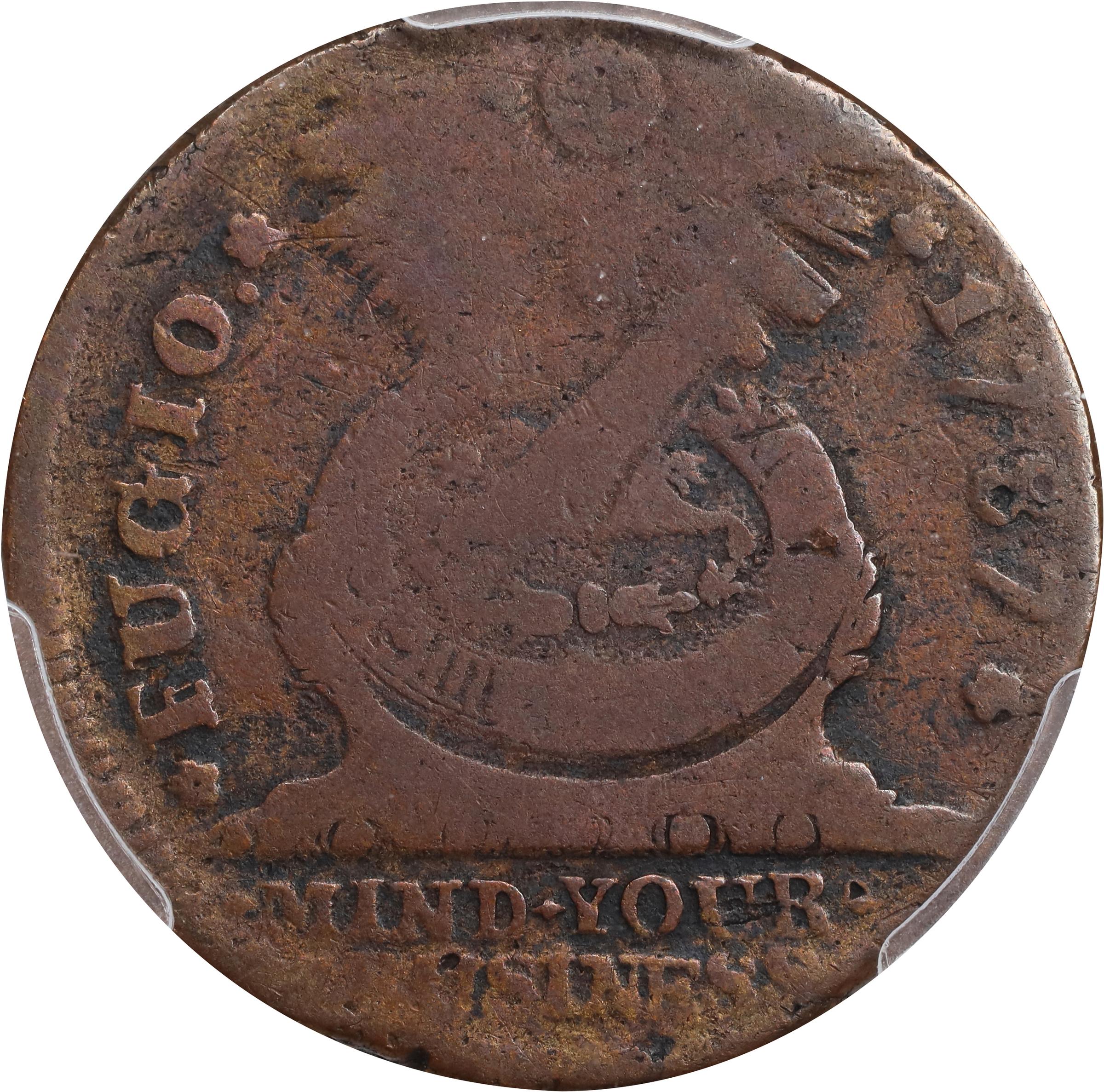 image for: 1787 Fugio Cent. Pointed Rays. Newman 9-P, W-6755. Rarity-3. STATES UNITED, 4 Cinquefoils. Good-6 (PCGS).