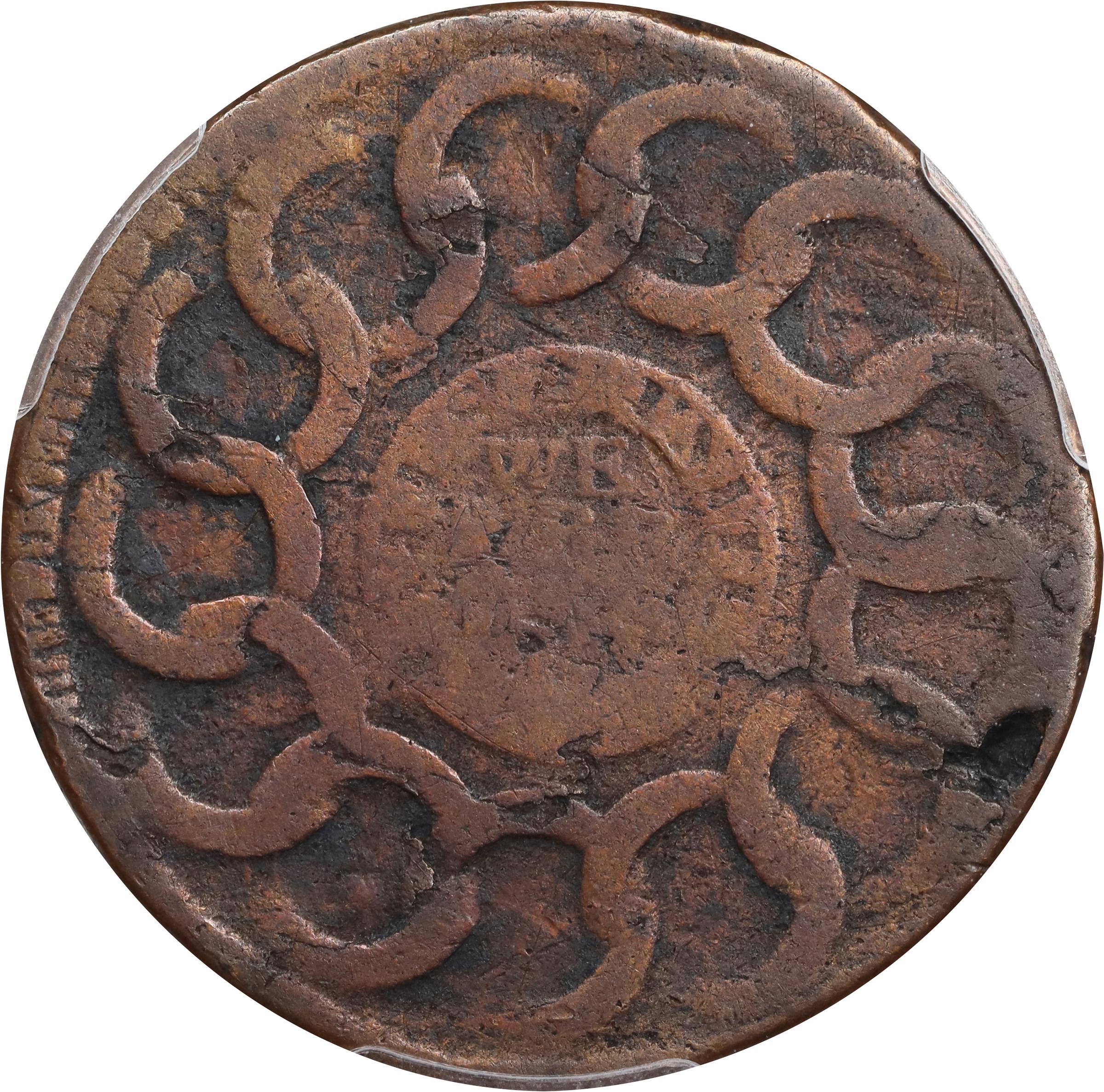 image for: 1787 Fugio Cent. Pointed Rays. Newman 9-P, W-6755. Rarity-3. STATES UNITED, 4 Cinquefoils. Good-6 (PCGS).