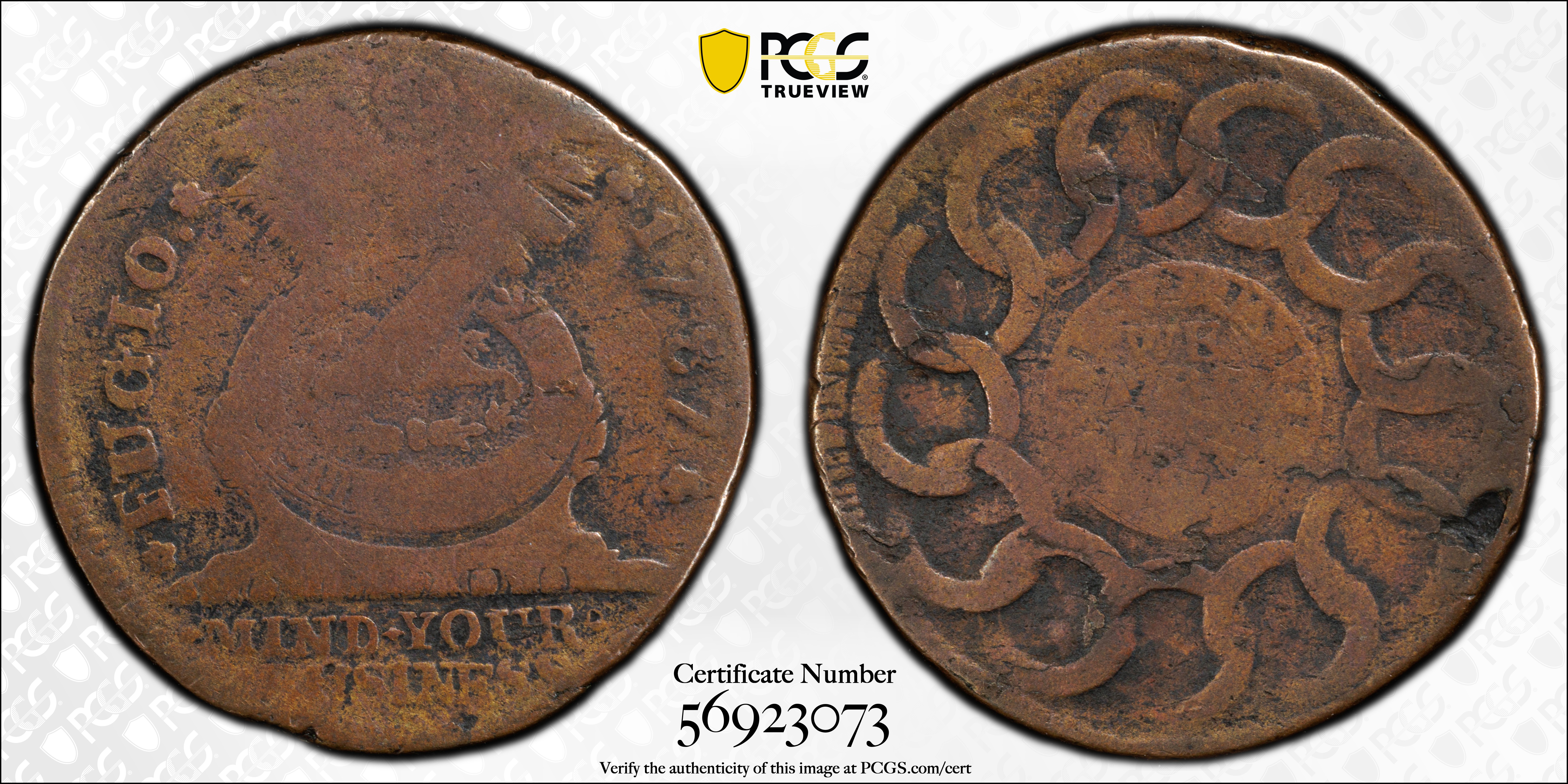 image for: 1787 Fugio Cent. Pointed Rays. Newman 9-P, W-6755. Rarity-3. STATES UNITED, 4 Cinquefoils. Good-6 (PCGS).