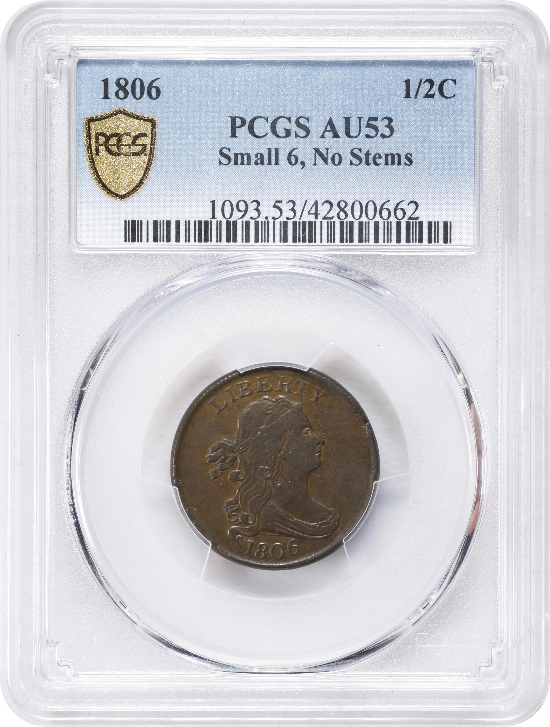 1806 1/2c Small 6, No Stems MS BN AU53 BN thumbnail 3