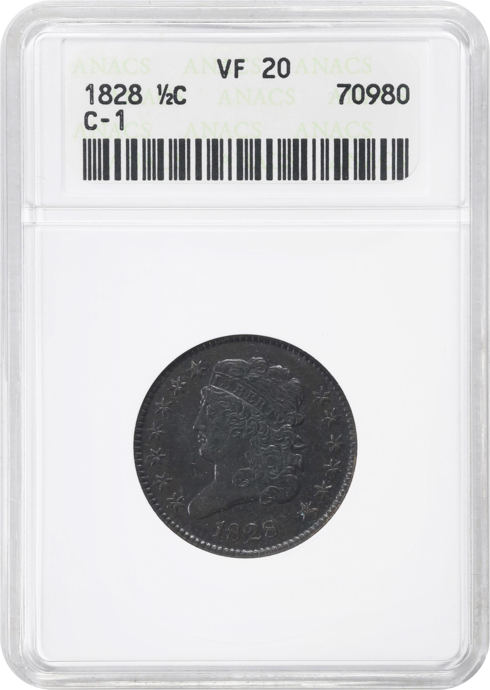 image for: 1828 Classic Head Half Cent. C-1. Rarity-1. 13 Stars. VF-20 (ANACS). OH.