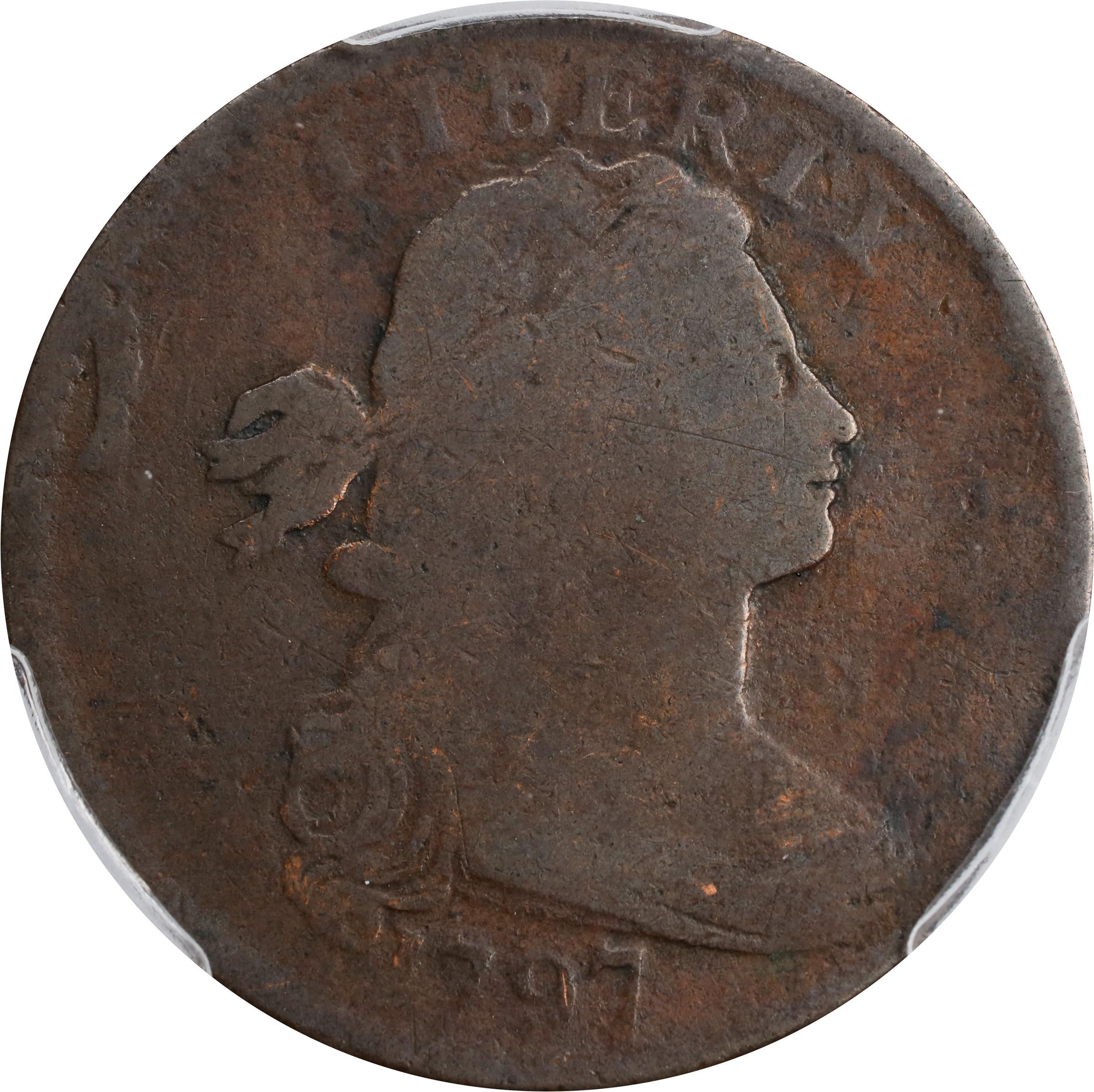 image for: 1797 Draped Bust Cent. S-130, B-25. Rarity-2. Reverse of 1797, Stems to Wreath. Good-4 (PCGS).