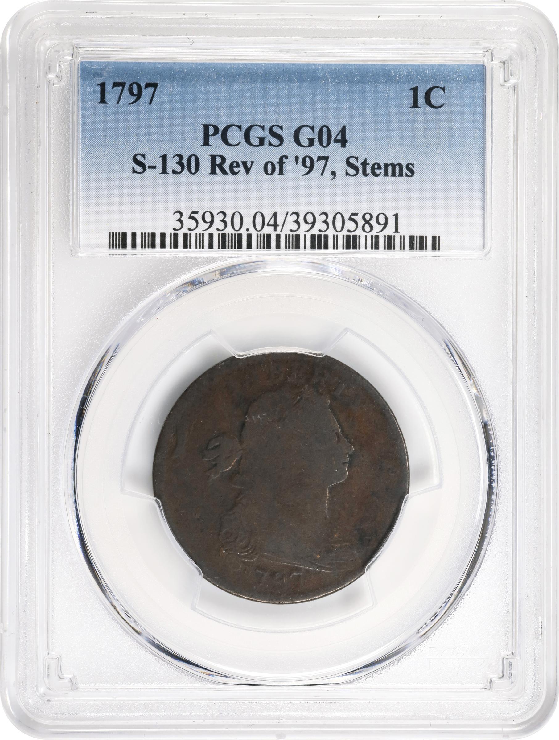 image for: 1797 Draped Bust Cent. S-130, B-25. Rarity-2. Reverse of 1797, Stems to Wreath. Good-4 (PCGS).