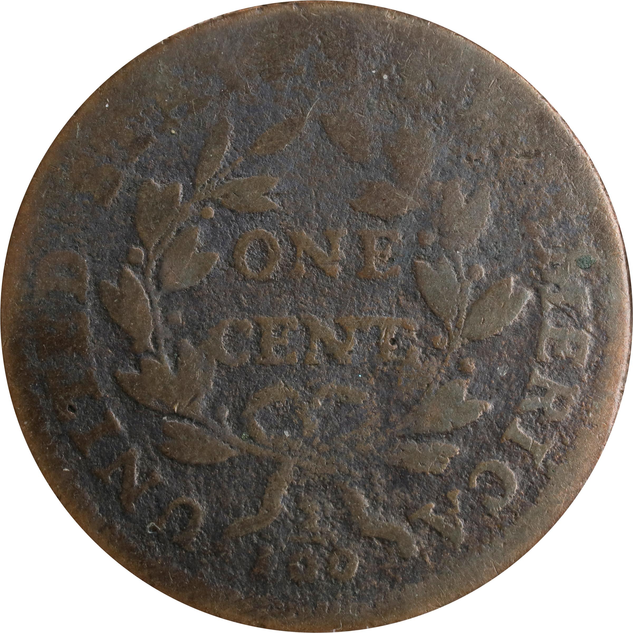 image for: 1797 Draped Bust Cent. S-133, B-29. Rarity-5. Reverse of 1797, Stemless Wreath. AG-3 (ANACS).