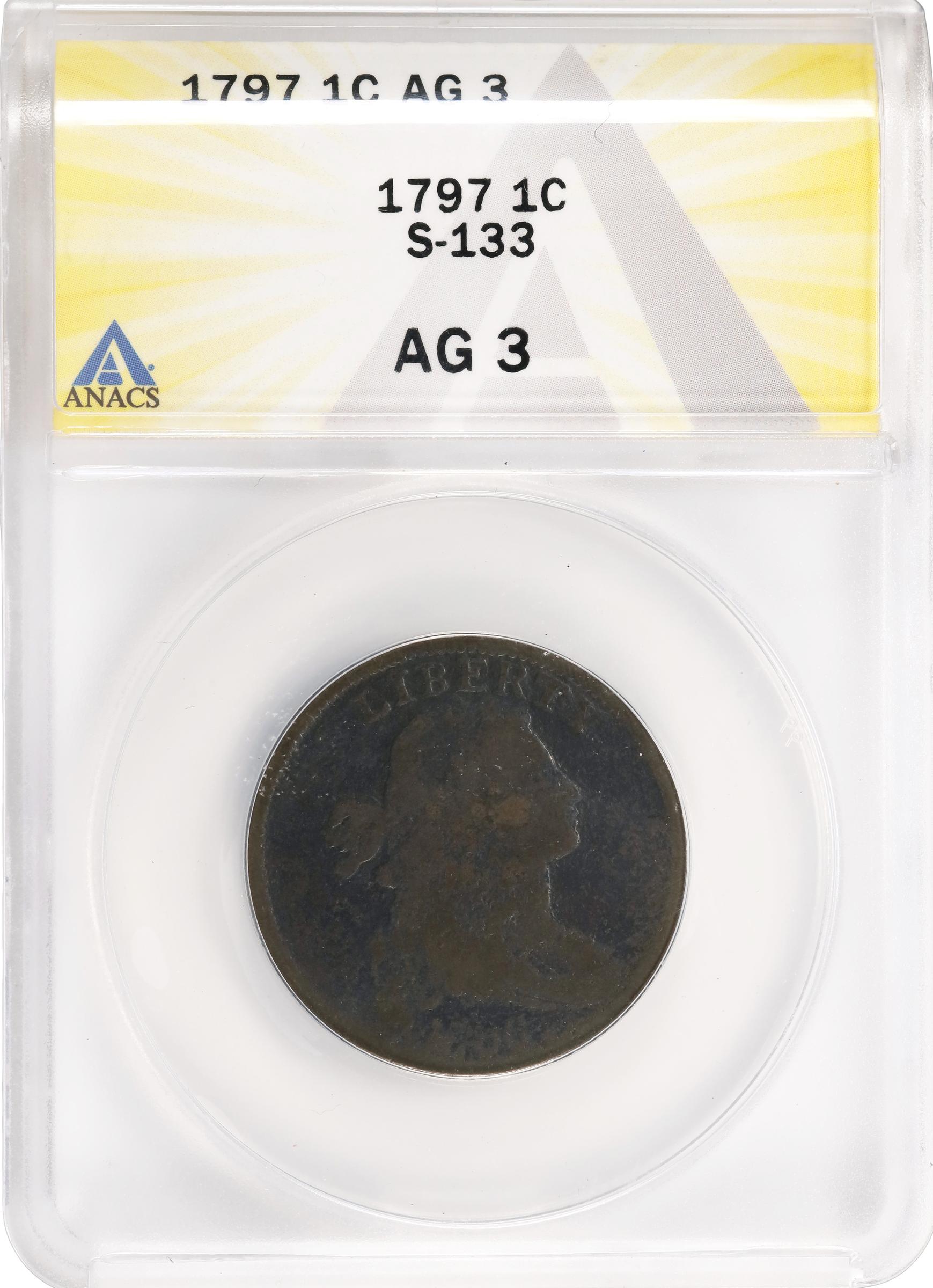 image for: 1797 Draped Bust Cent. S-133, B-29. Rarity-5. Reverse of 1797, Stemless Wreath. AG-3 (ANACS).