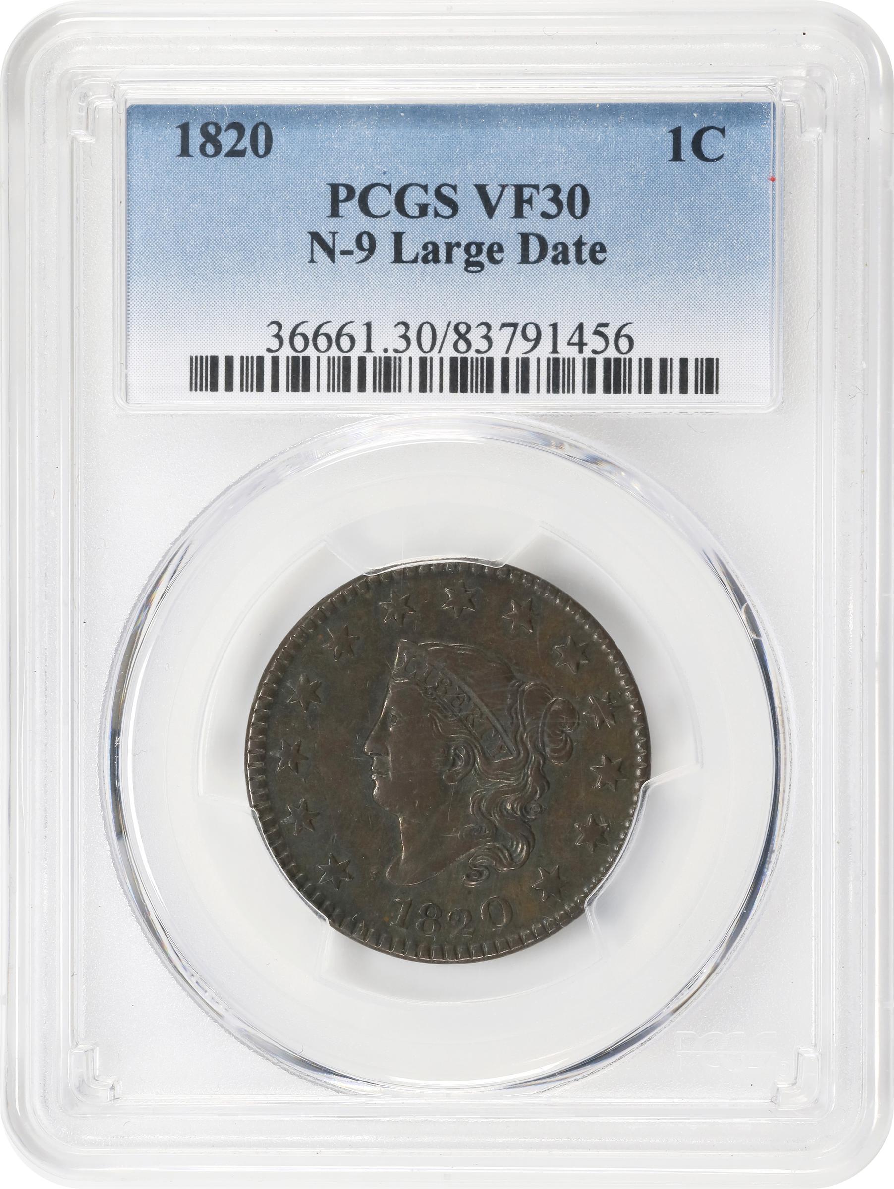 image for: 1820 Matron Head Cent. N-9. Rarity-3. Large Date. VF-30 (PCGS).