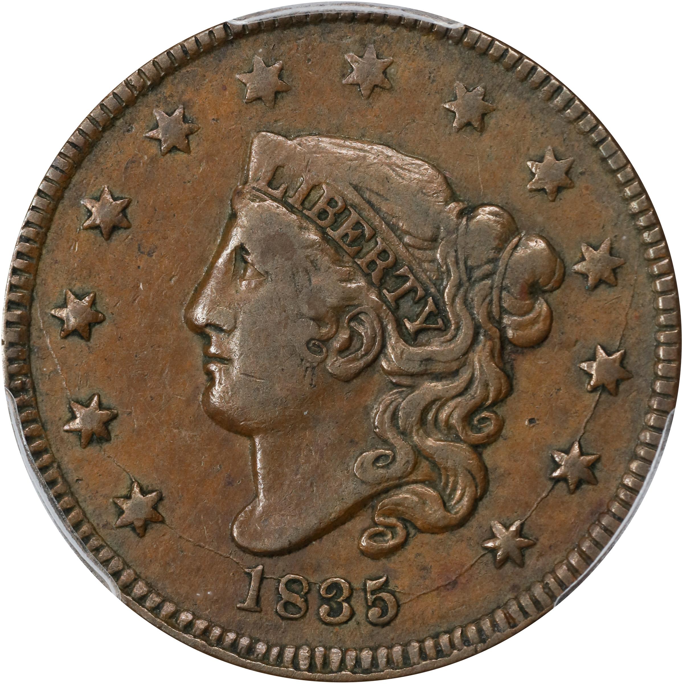 image for: 1835 Matron Head Cent. N-3. Rarity-3. Small 8 and Stars. VF-30 (PCGS).