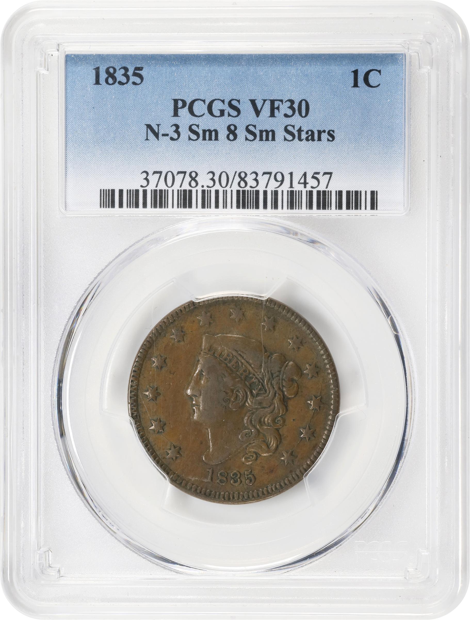 image for: 1835 Matron Head Cent. N-3. Rarity-3. Small 8 and Stars. VF-30 (PCGS).