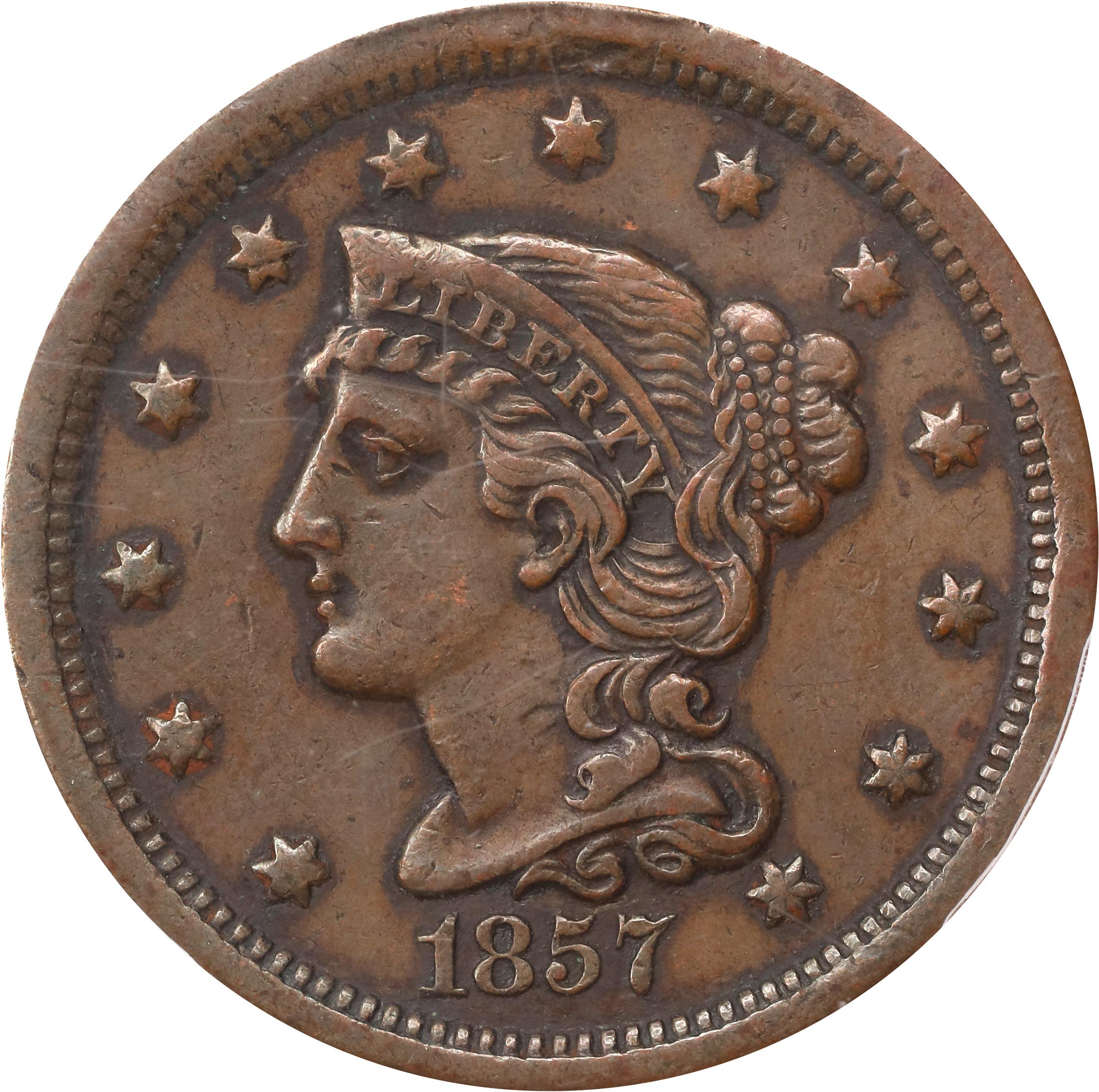image for: 1857 Braided Hair Cent. N-2. Rarity-1. Small Date. EF-45 (PCGS).