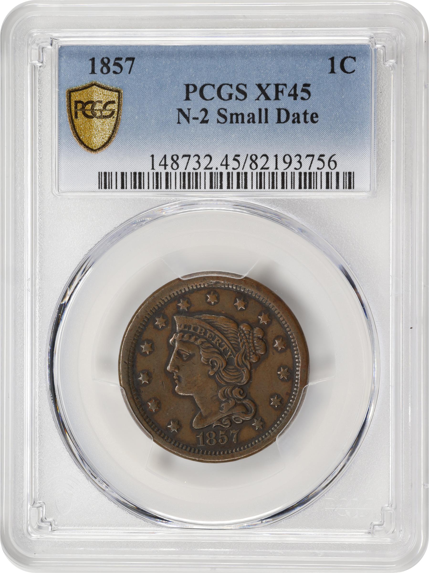image for: 1857 Braided Hair Cent. N-2. Rarity-1. Small Date. EF-45 (PCGS).
